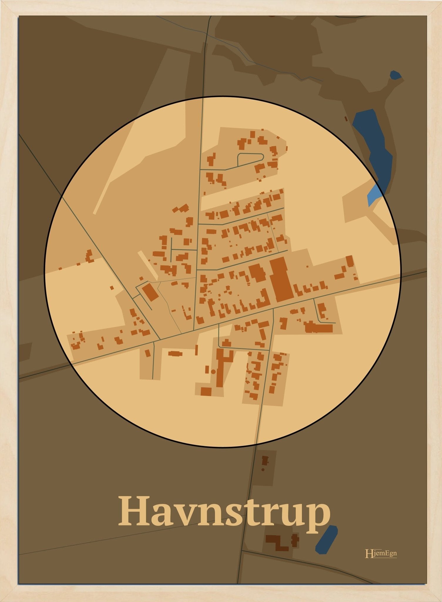 Havnstrup plakat i farve pastel brun og HjemEgn.dk design centrum. Design bykort for Havnstrup