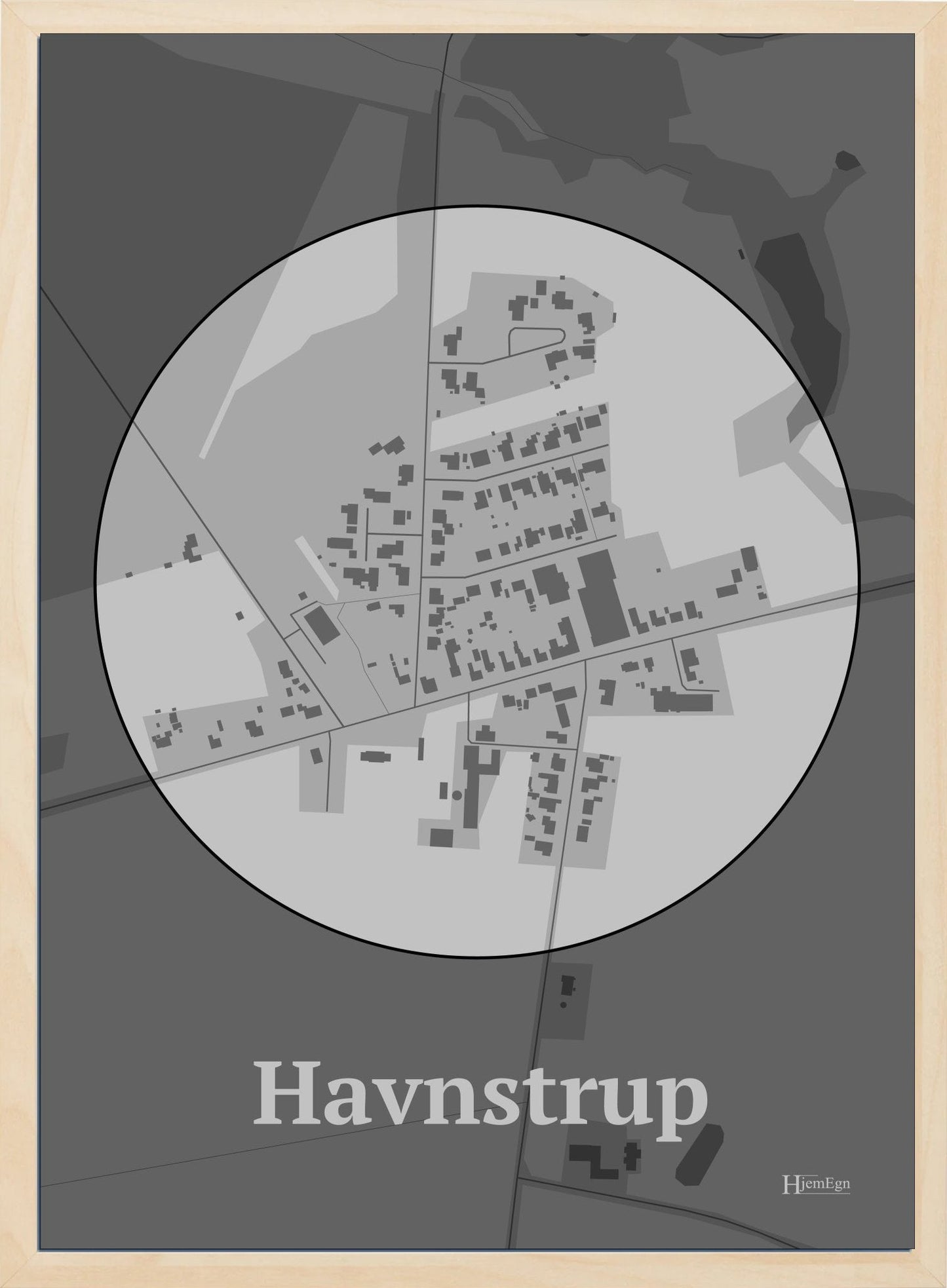 Havnstrup plakat i farve pastel grå og HjemEgn.dk design centrum. Design bykort for Havnstrup