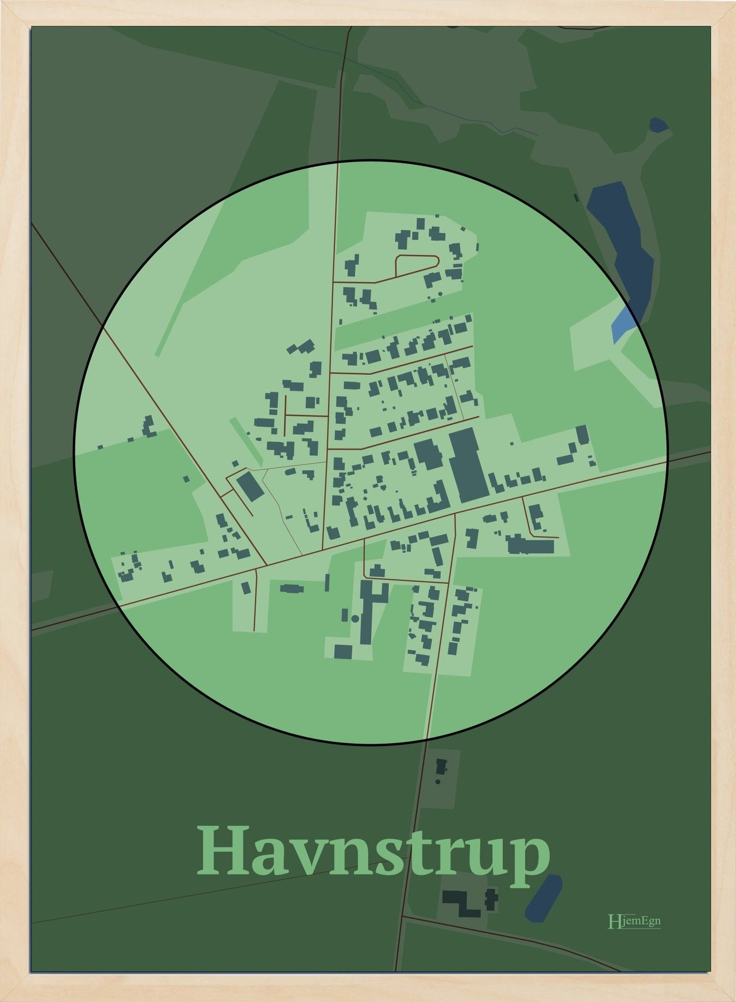 Havnstrup plakat i farve pastel grøn og HjemEgn.dk design centrum. Design bykort for Havnstrup