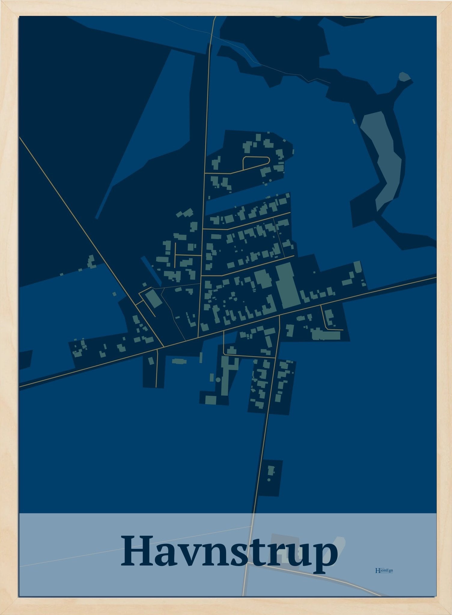 Havnstrup plakat i farve mørk blå og HjemEgn.dk design firkantet. Design bykort for Havnstrup