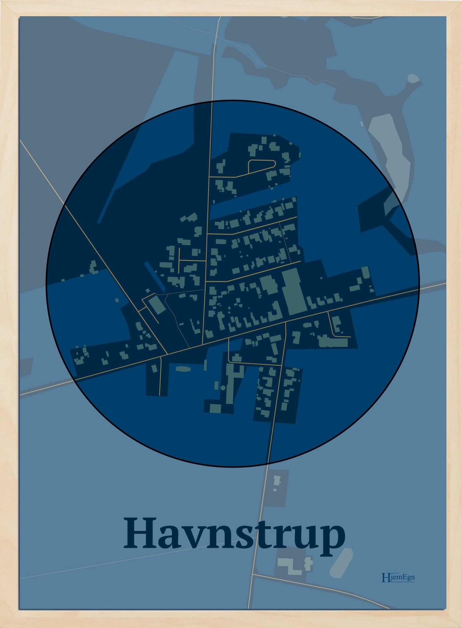 Havnstrup plakat i farve mørk blå og HjemEgn.dk design centrum. Design bykort for Havnstrup