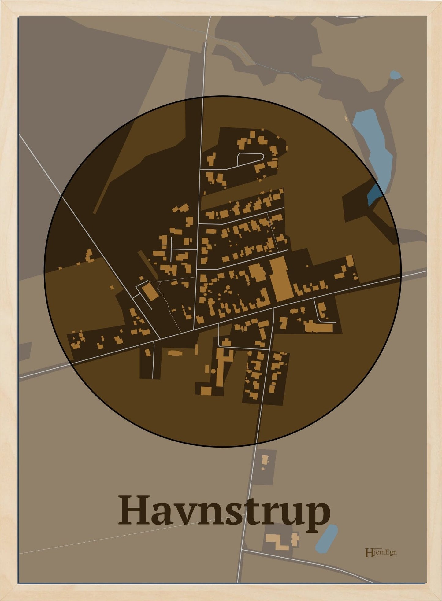 Havnstrup plakat i farve mørk brun og HjemEgn.dk design centrum. Design bykort for Havnstrup