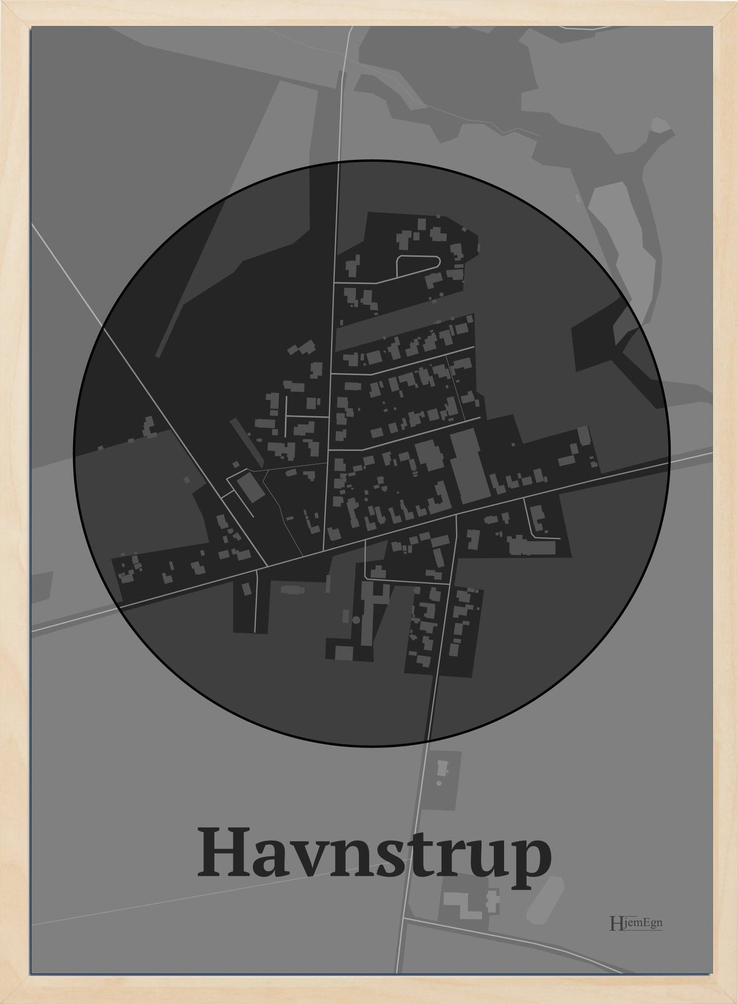 Havnstrup plakat i farve mørk grå og HjemEgn.dk design centrum. Design bykort for Havnstrup