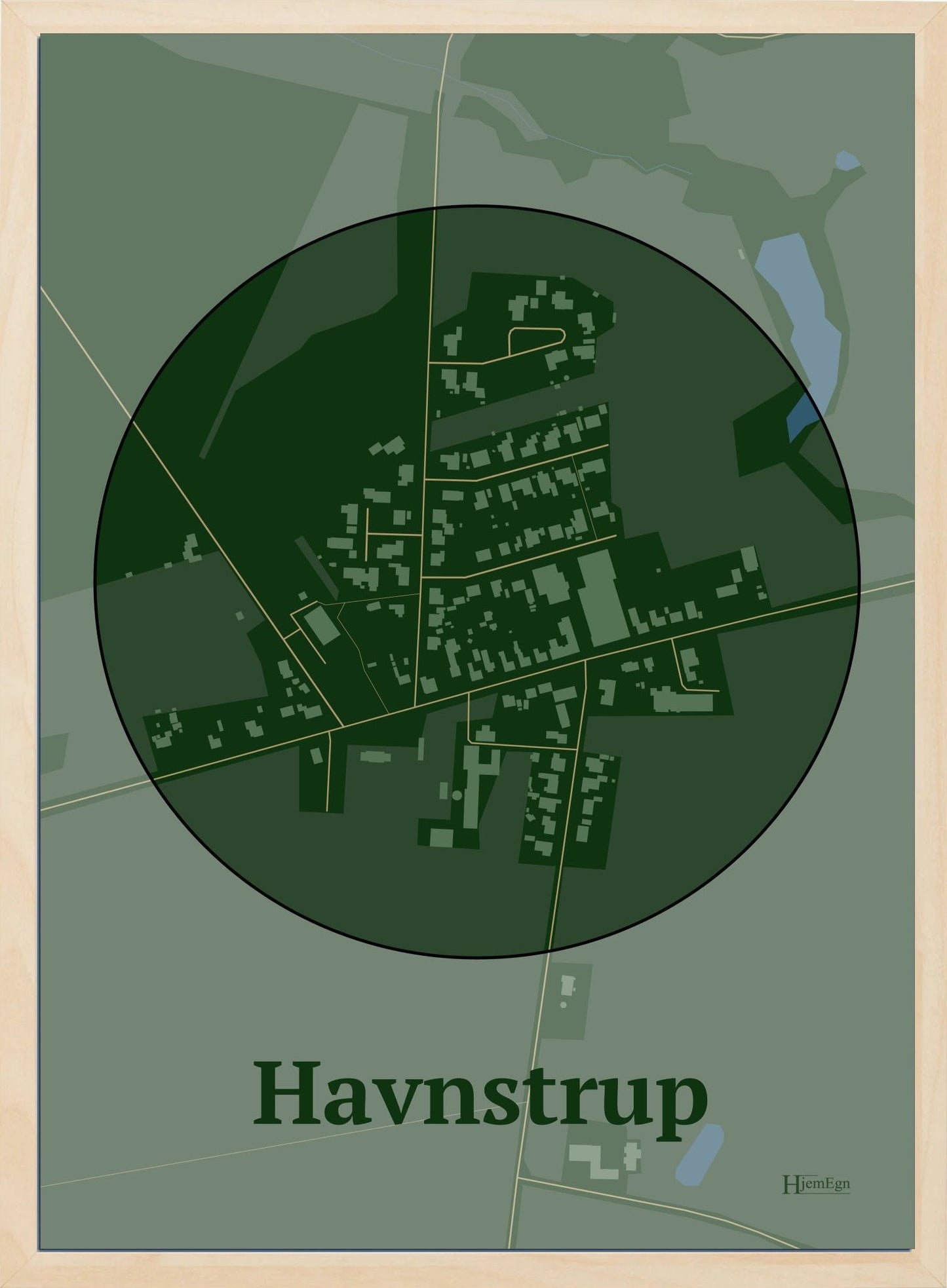 Havnstrup plakat i farve mørk grøn og HjemEgn.dk design centrum. Design bykort for Havnstrup