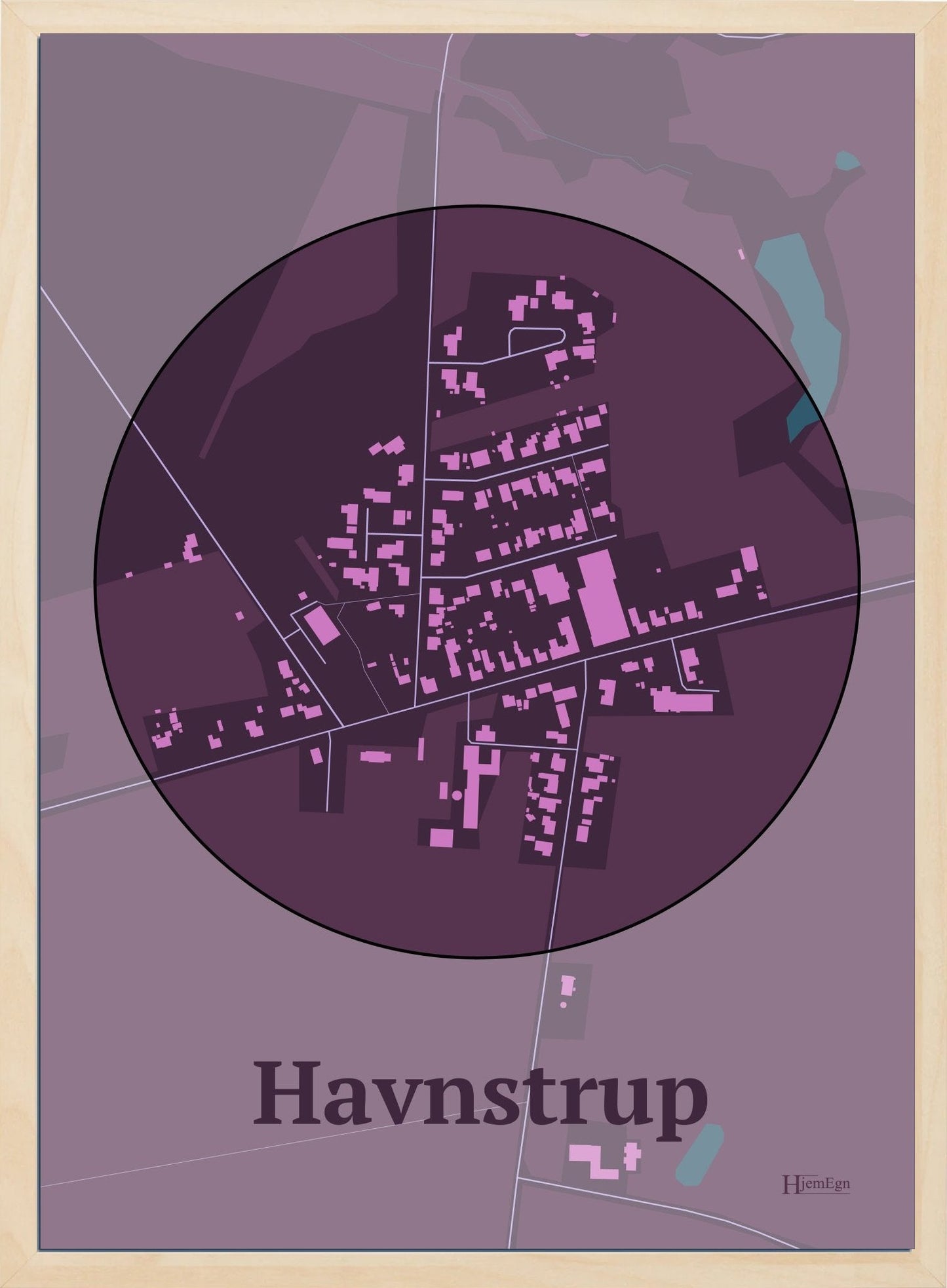 Havnstrup plakat i farve mørk rød og HjemEgn.dk design centrum. Design bykort for Havnstrup