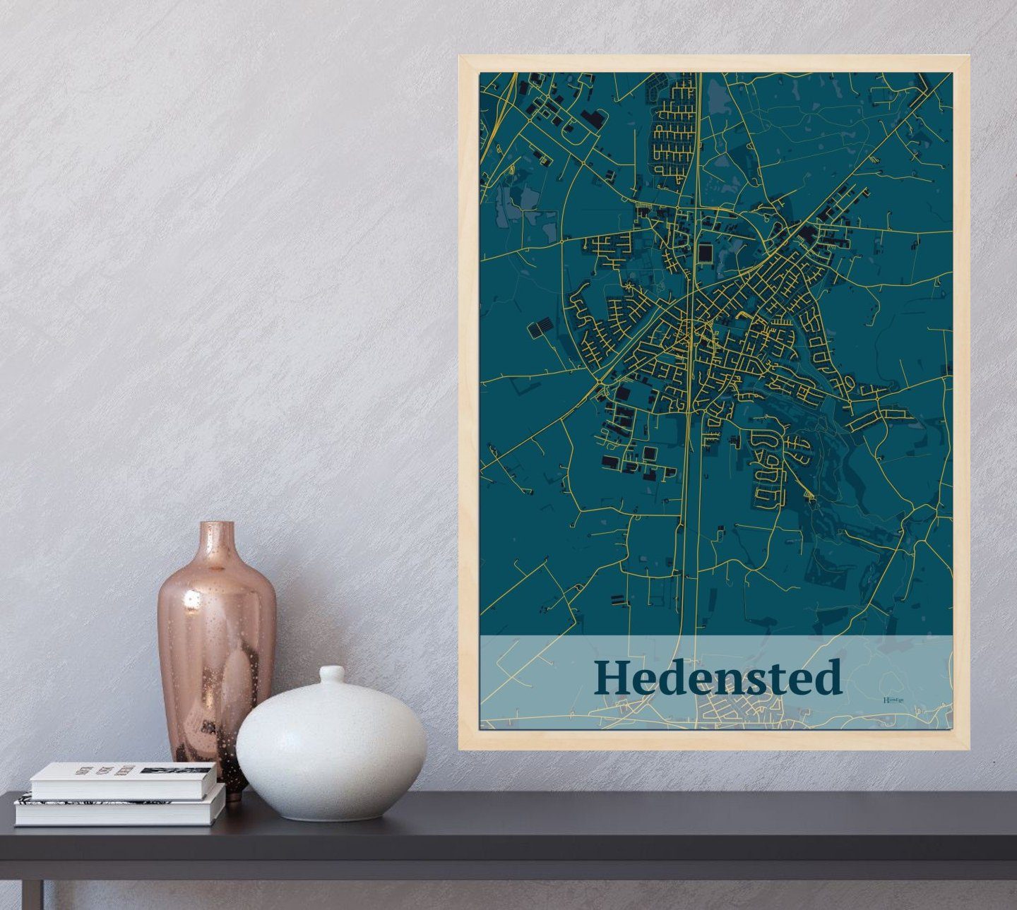 Hedensted plakat i farve  og HjemEgn.dk design firkantet. Design bykort for Hedensted
