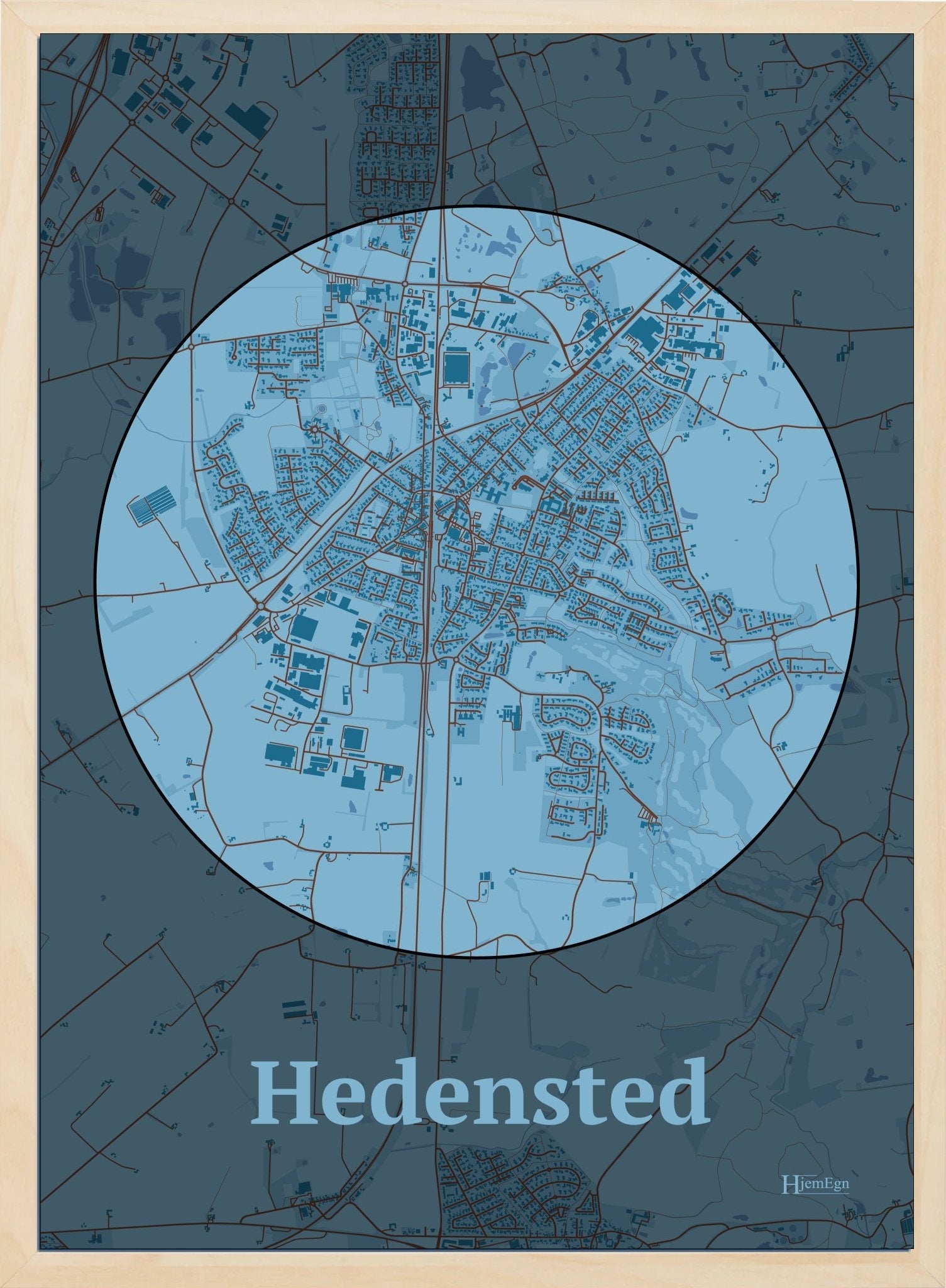 Hedensted plakat i farve pastel blå og HjemEgn.dk design centrum. Design bykort for Hedensted