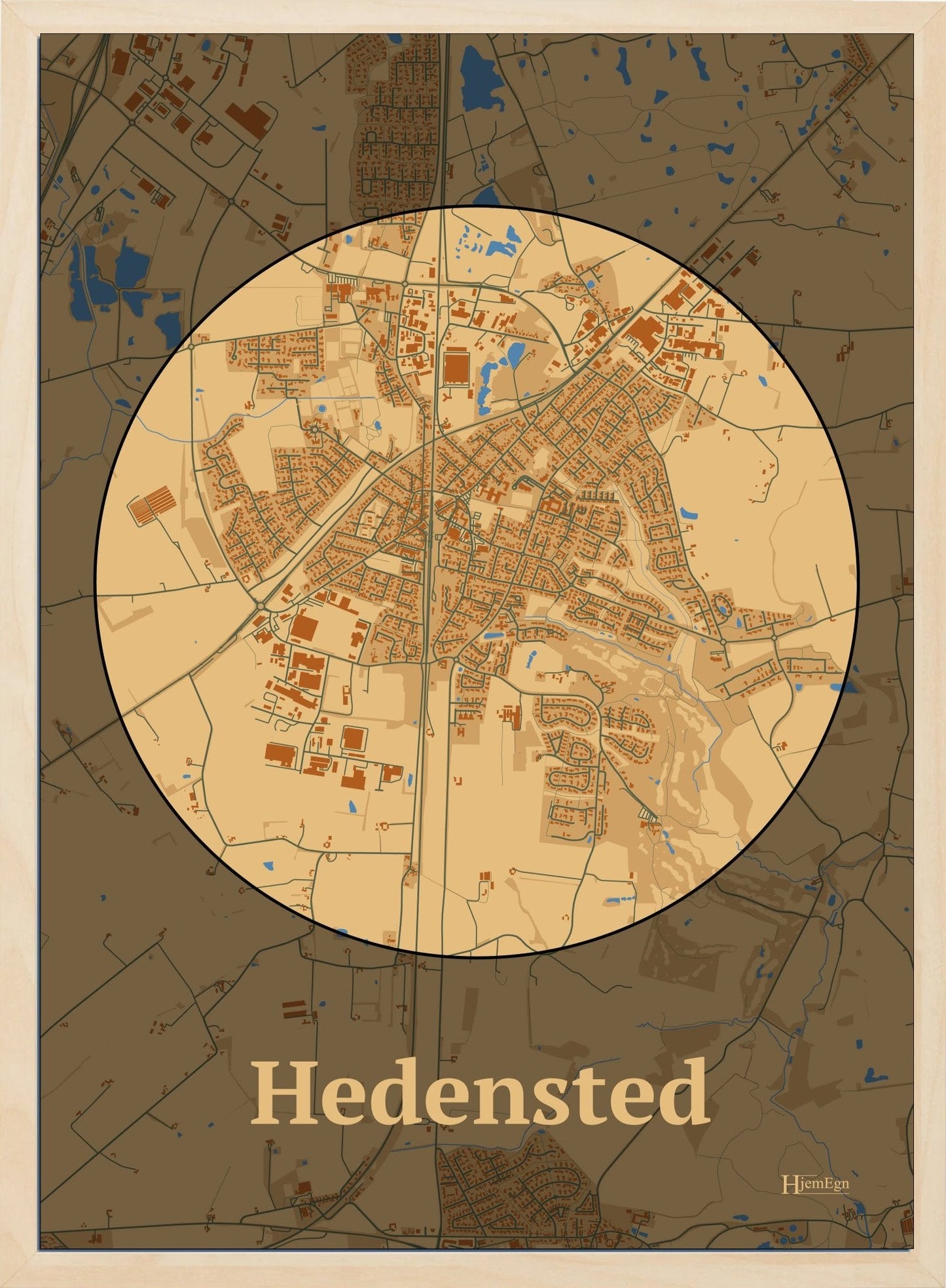 Hedensted plakat i farve pastel brun og HjemEgn.dk design centrum. Design bykort for Hedensted