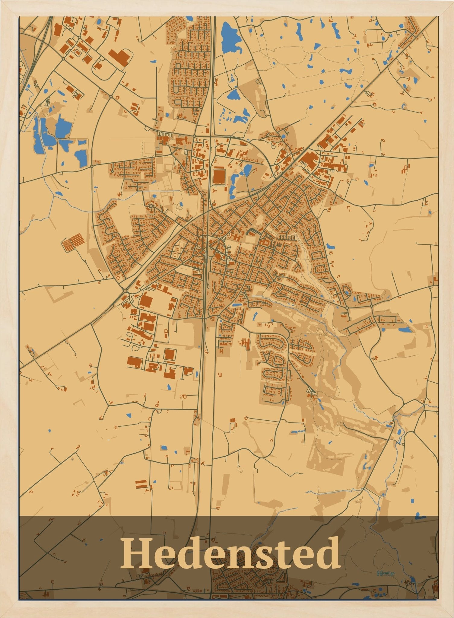 Hedensted plakat i farve pastel brun og HjemEgn.dk design firkantet. Design bykort for Hedensted