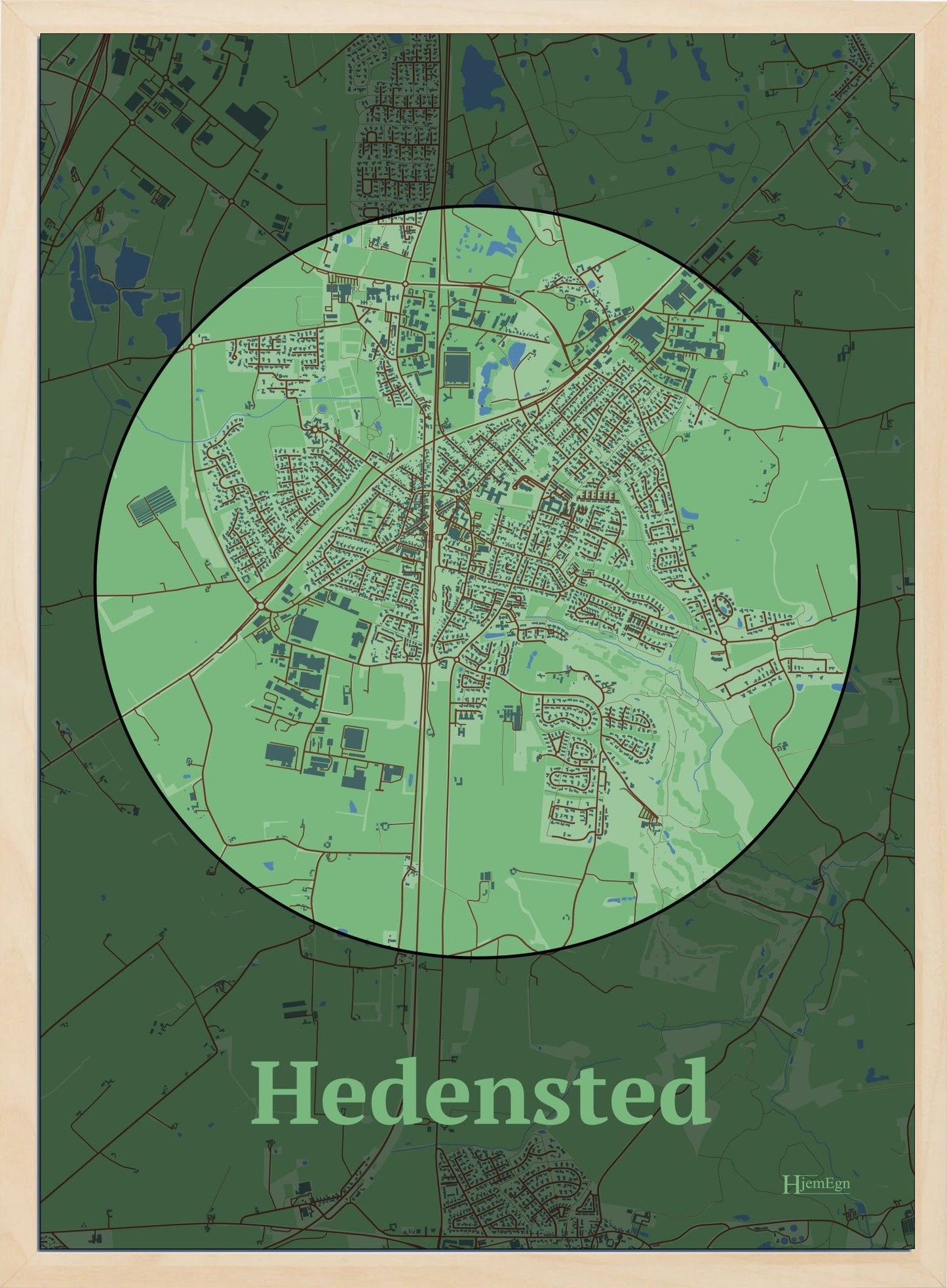 Hedensted plakat i farve pastel grøn og HjemEgn.dk design centrum. Design bykort for Hedensted