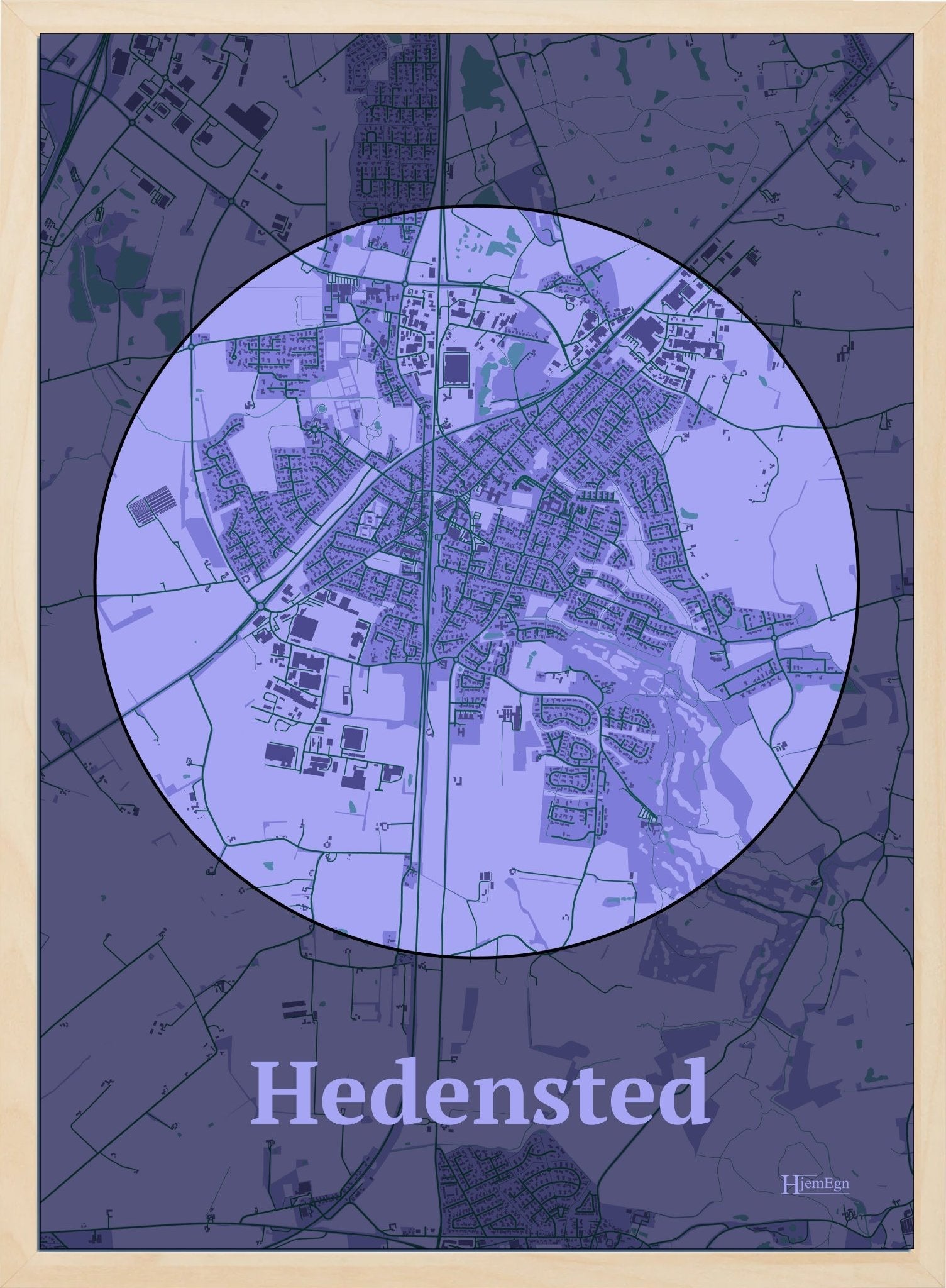 Hedensted plakat i farve pastel lilla og HjemEgn.dk design centrum. Design bykort for Hedensted