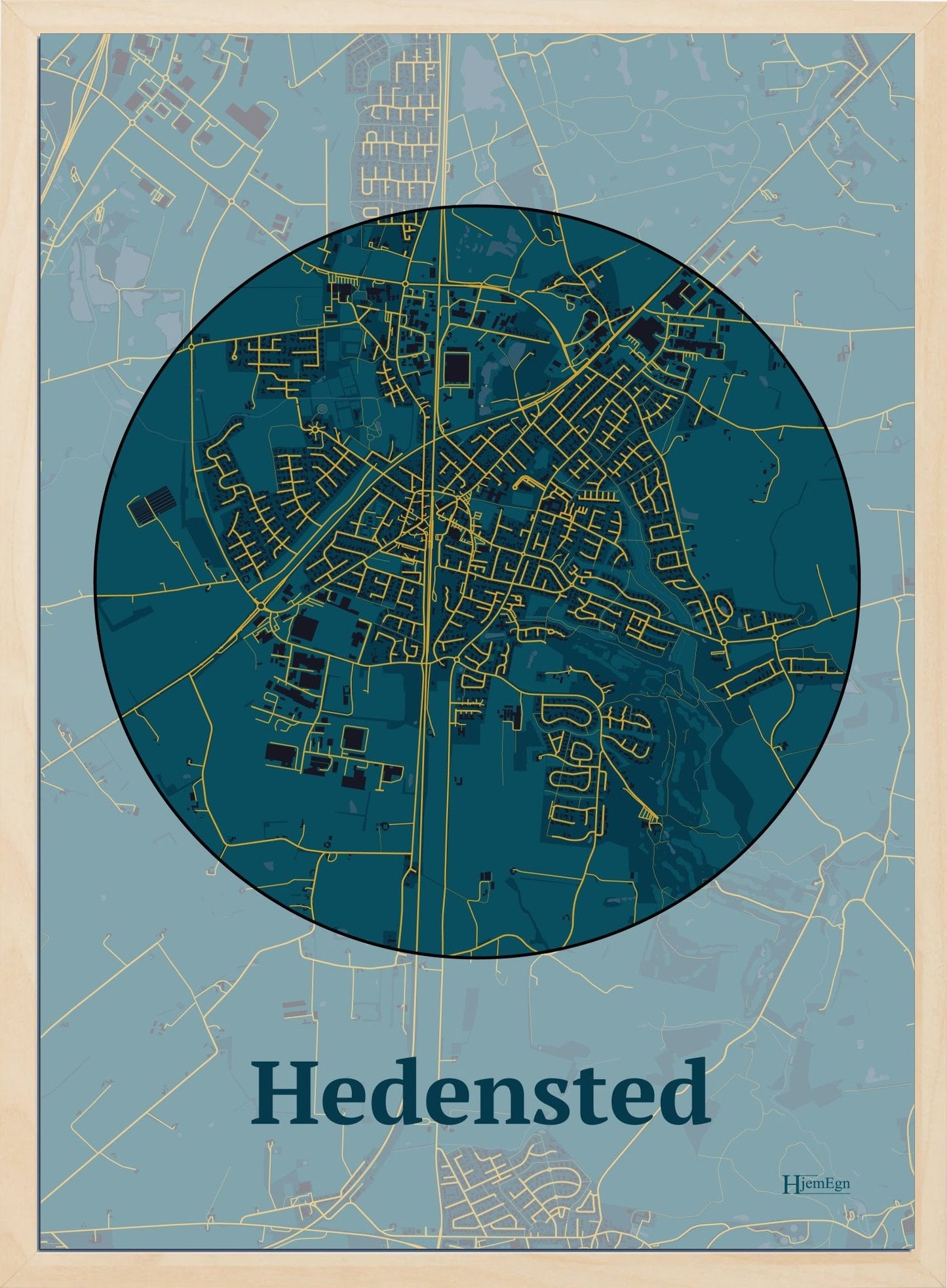 Hedensted plakat i farve mørk blå og HjemEgn.dk design centrum. Design bykort for Hedensted