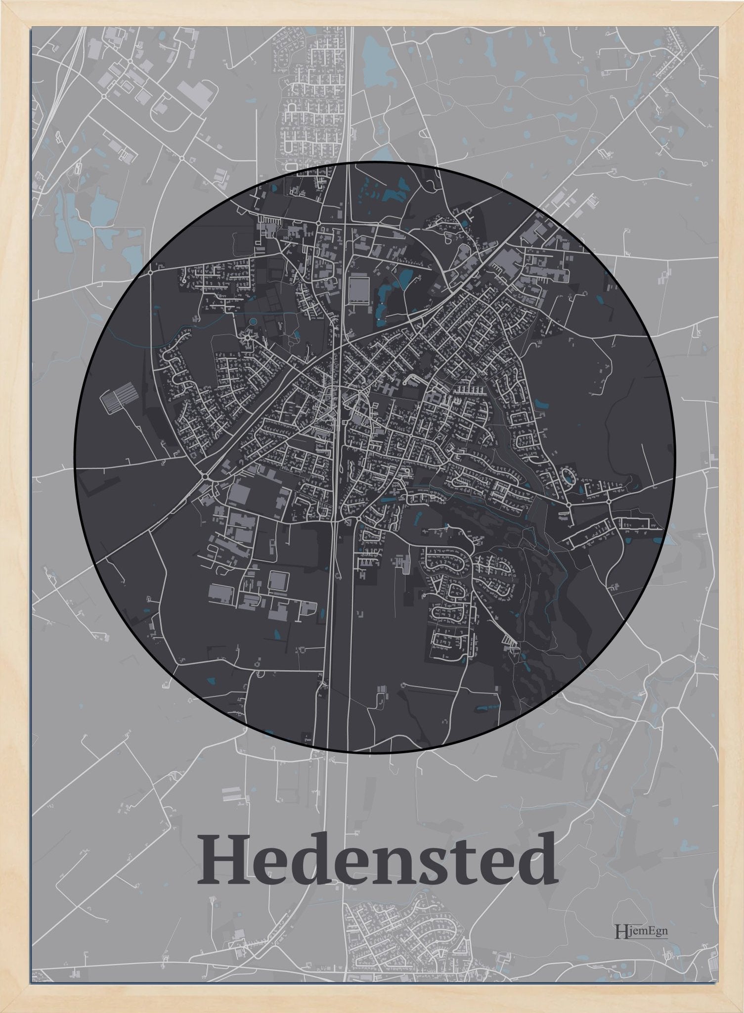 Hedensted plakat i farve mørk brun og HjemEgn.dk design centrum. Design bykort for Hedensted