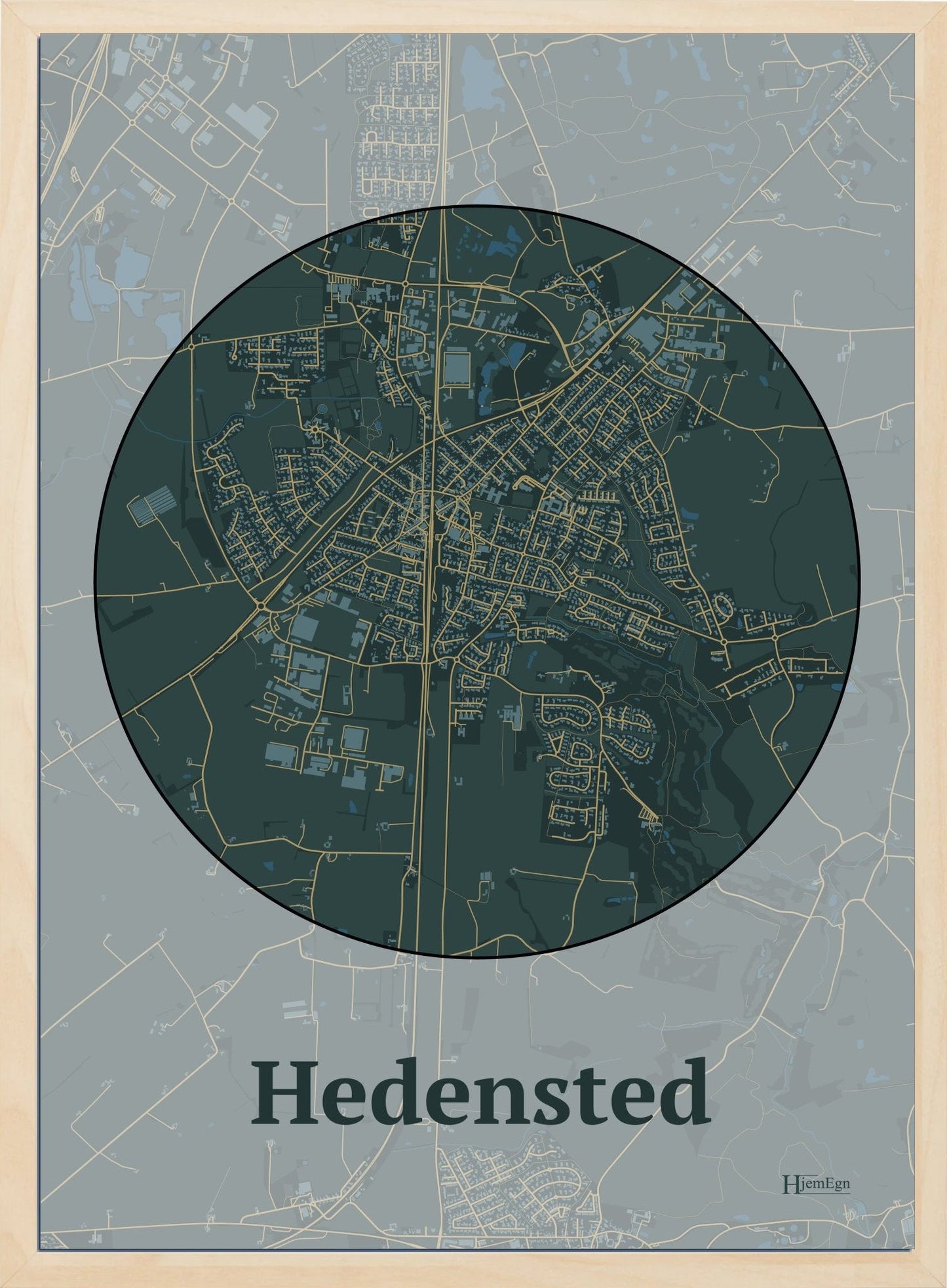 Hedensted plakat i farve mørk grøn og HjemEgn.dk design centrum. Design bykort for Hedensted