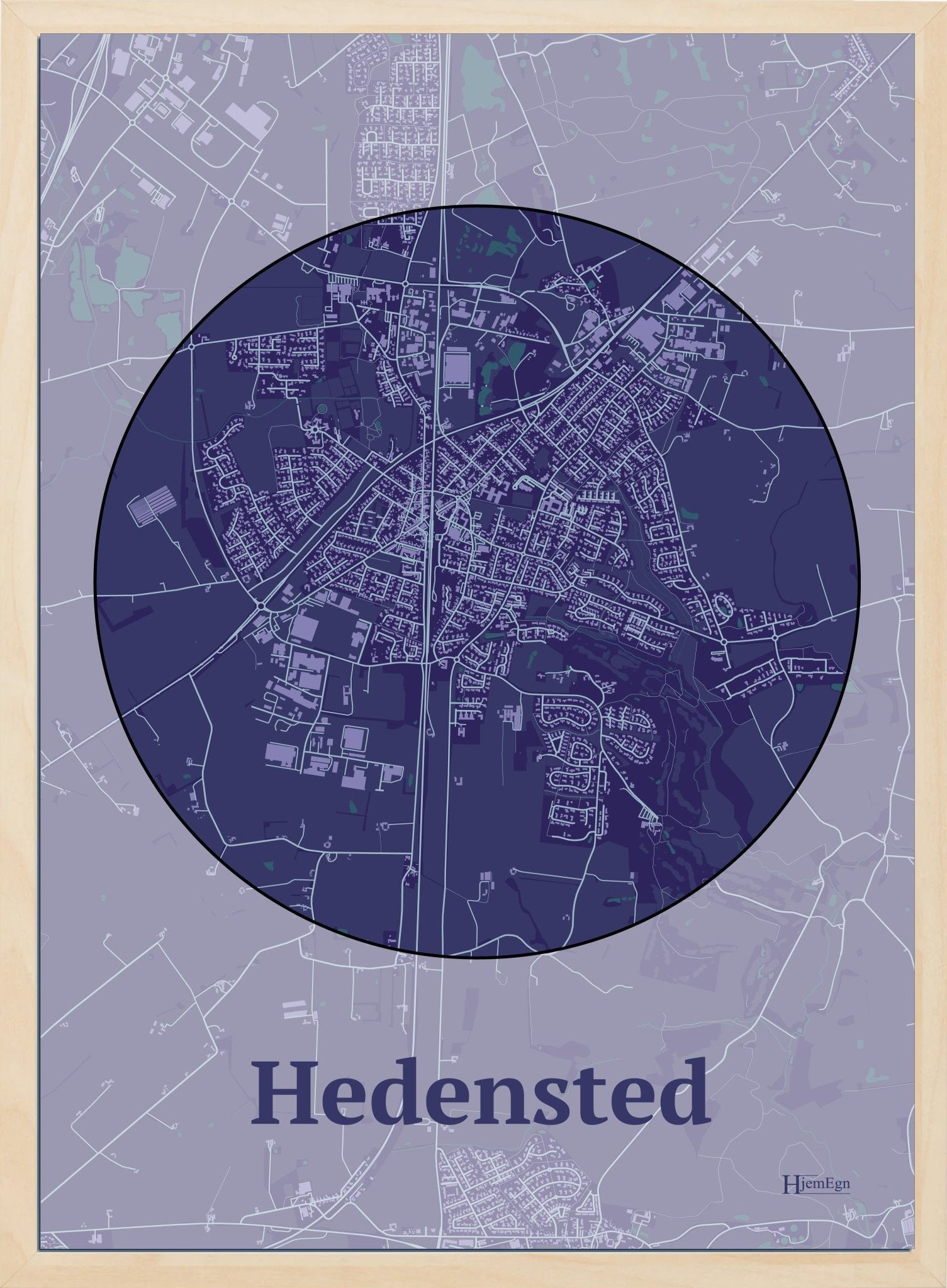 Hedensted plakat i farve mørk lilla og HjemEgn.dk design centrum. Design bykort for Hedensted