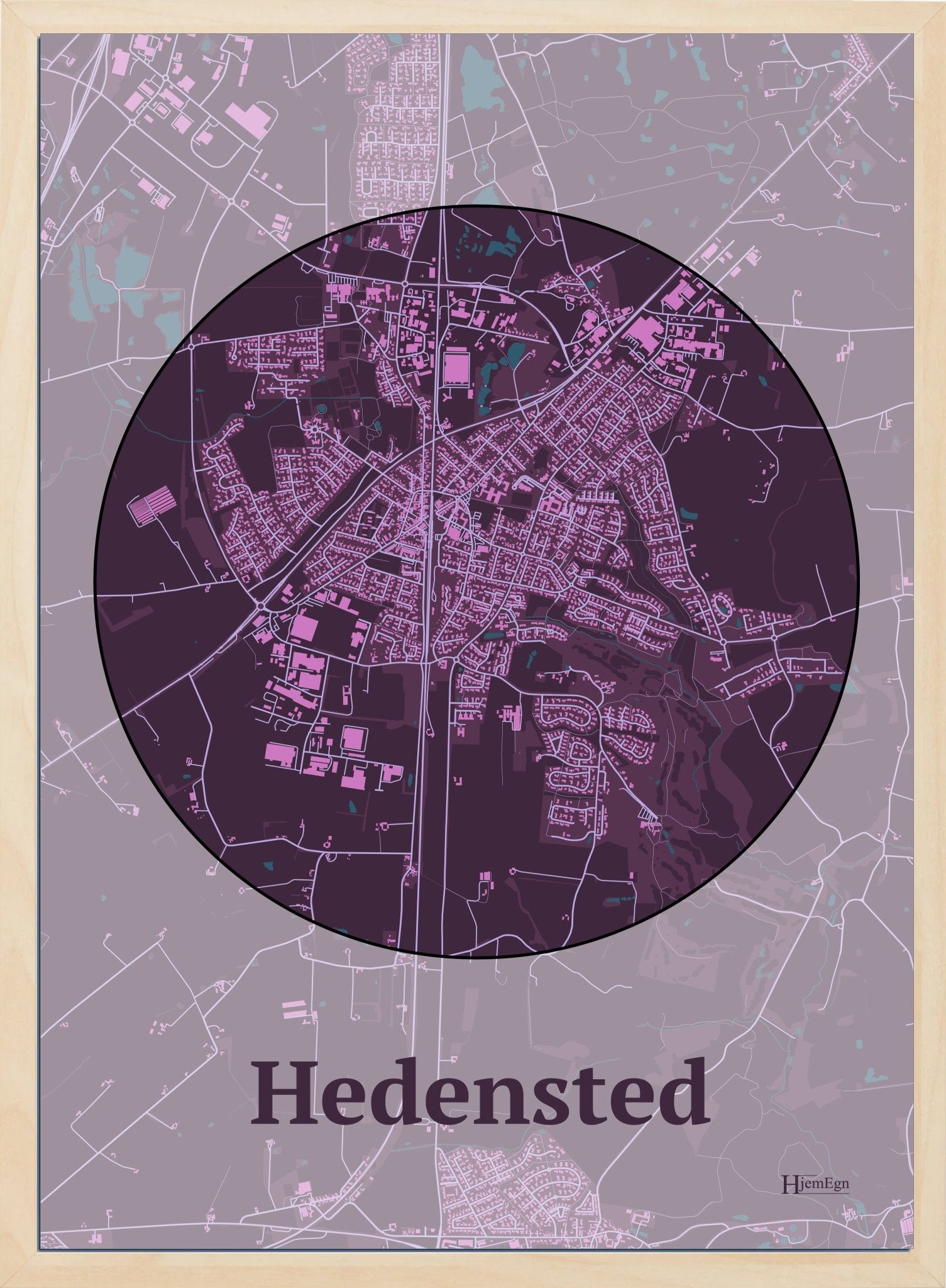 Hedensted plakat i farve mørk rød og HjemEgn.dk design centrum. Design bykort for Hedensted