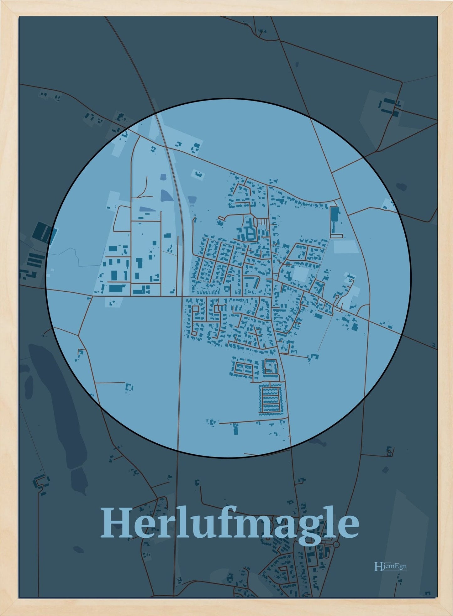 Herlufmagle plakat i farve pastel blå og HjemEgn.dk design centrum. Design bykort for Herlufmagle