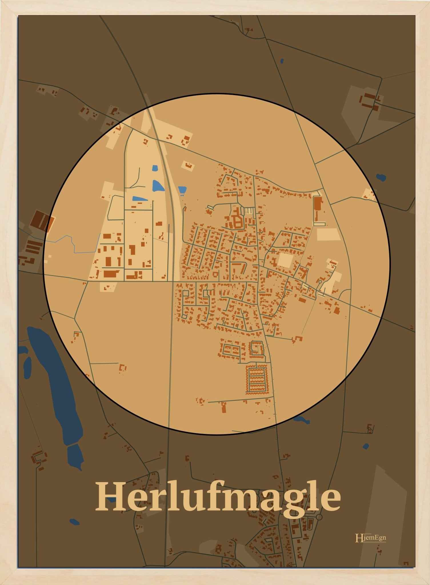 Herlufmagle plakat i farve pastel brun og HjemEgn.dk design centrum. Design bykort for Herlufmagle
