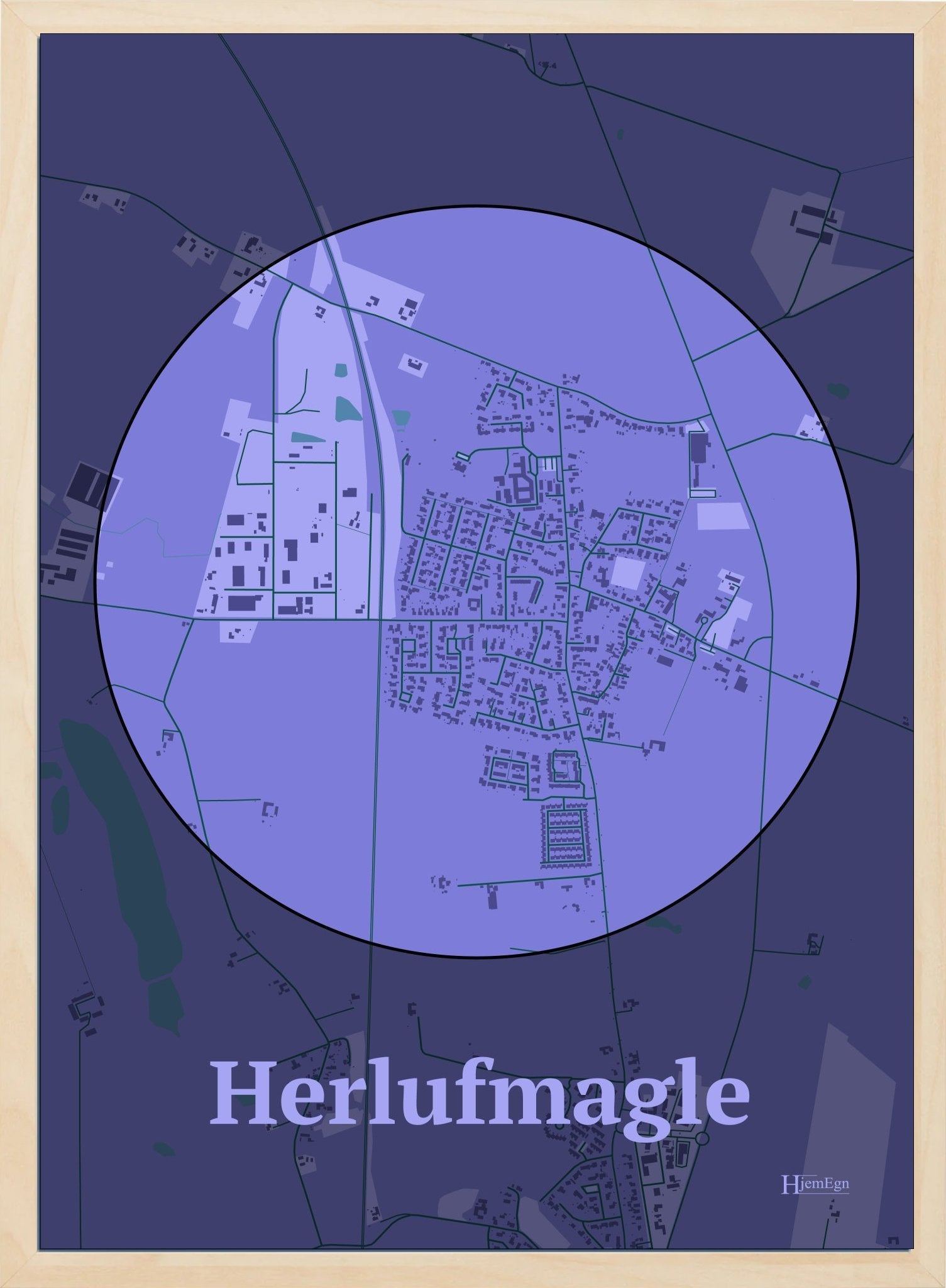 Herlufmagle plakat i farve pastel lilla og HjemEgn.dk design centrum. Design bykort for Herlufmagle