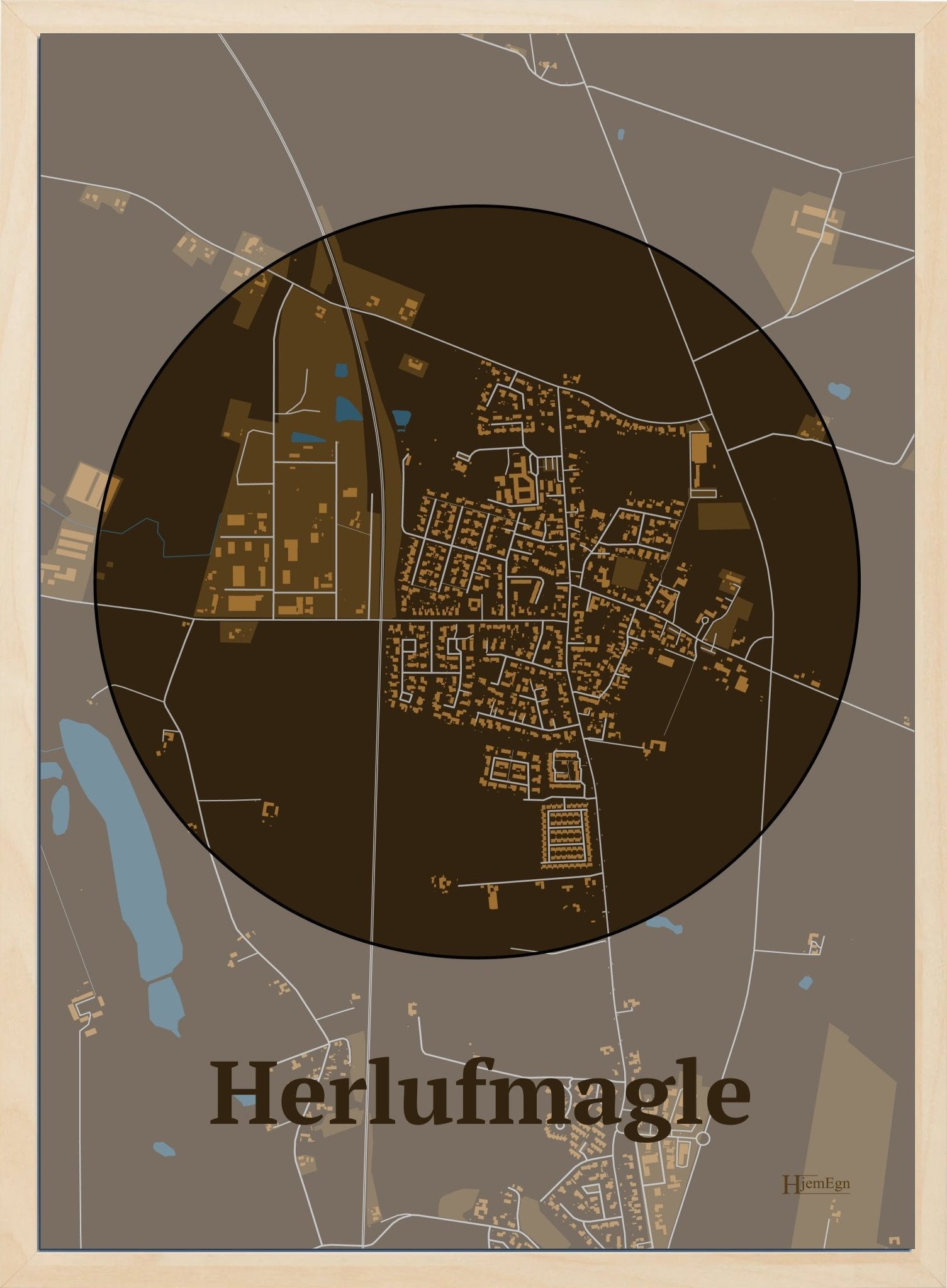 Herlufmagle plakat i farve mørk brun og HjemEgn.dk design centrum. Design bykort for Herlufmagle