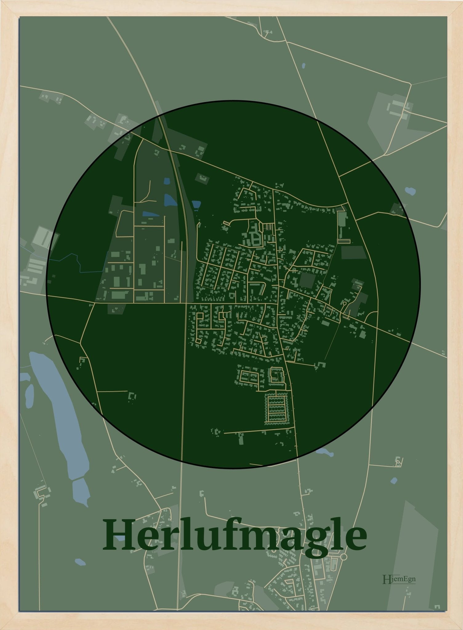 Herlufmagle plakat i farve mørk grøn og HjemEgn.dk design centrum. Design bykort for Herlufmagle
