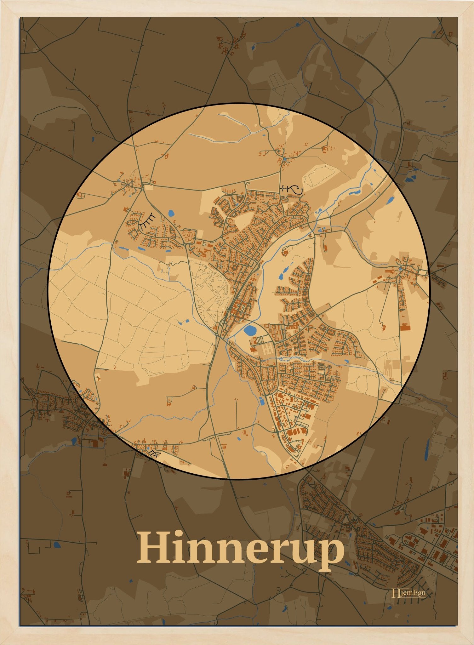 Hinnerup plakat i farve pastel brun og HjemEgn.dk design centrum. Design bykort for Hinnerup
