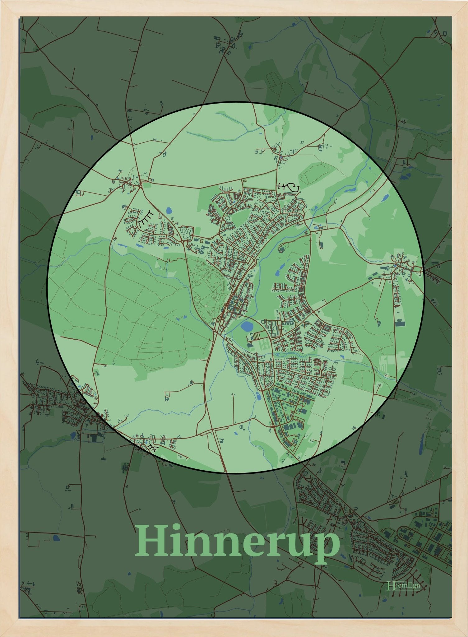 Hinnerup plakat i farve pastel grøn og HjemEgn.dk design centrum. Design bykort for Hinnerup