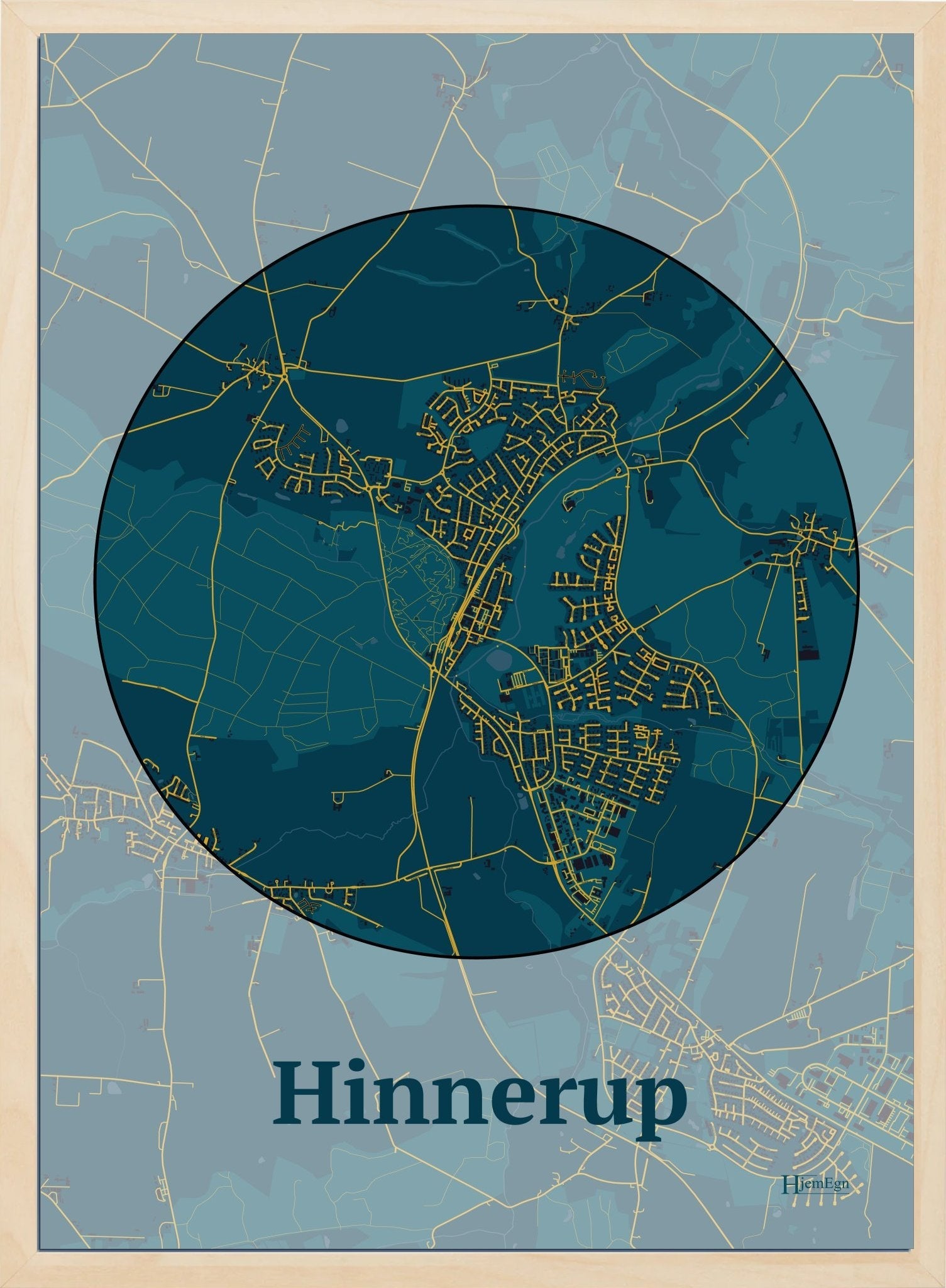 Hinnerup plakat i farve mørk blå og HjemEgn.dk design centrum. Design bykort for Hinnerup