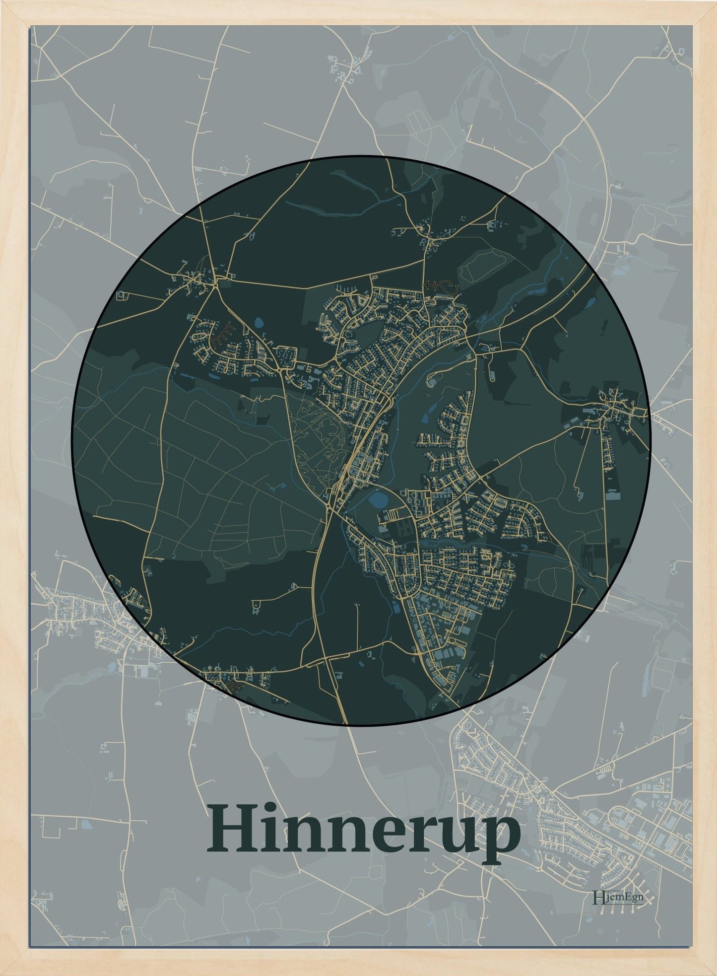 Hinnerup plakat i farve mørk grøn og HjemEgn.dk design centrum. Design bykort for Hinnerup