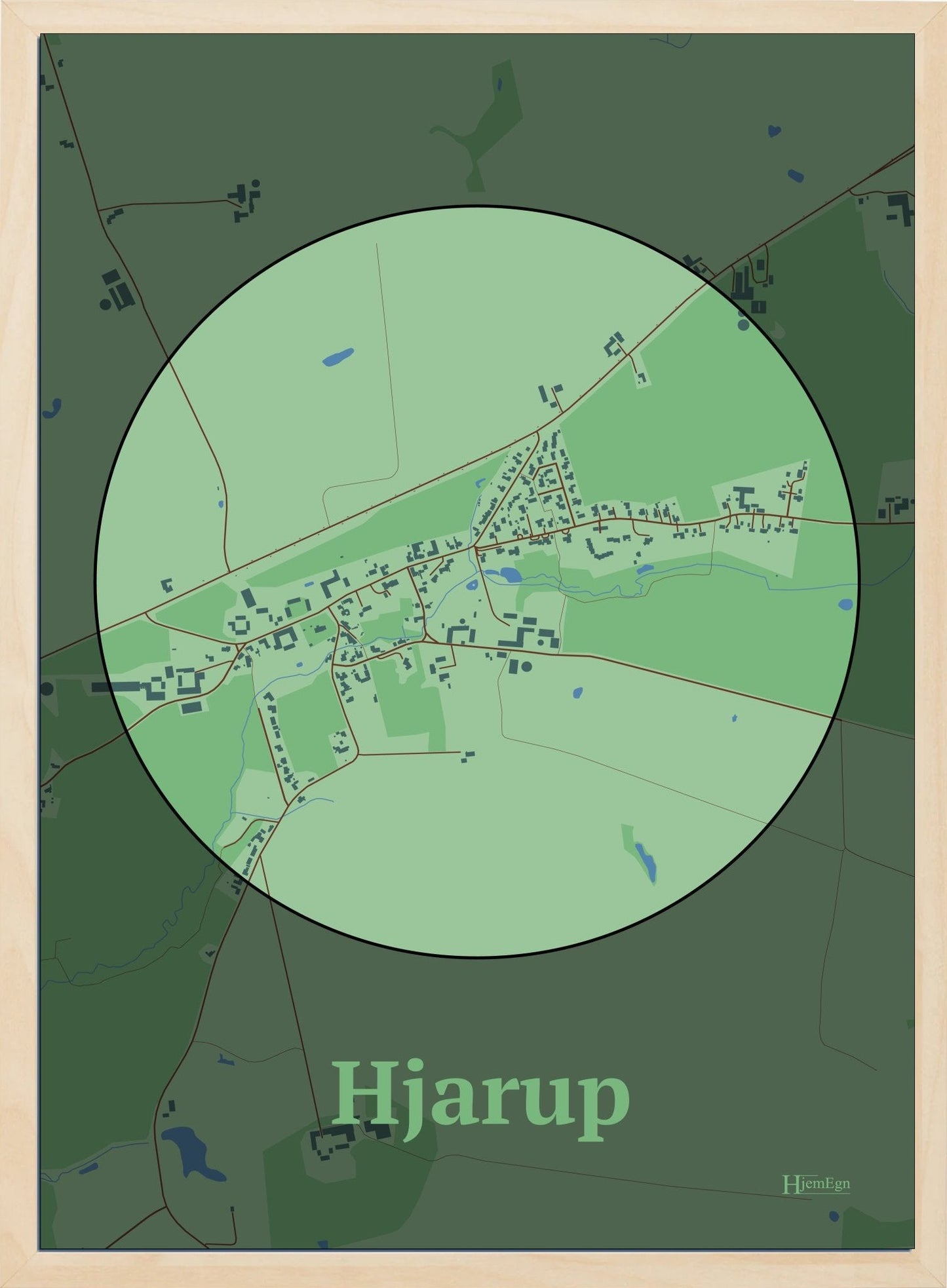 Hjarup plakat i farve pastel grøn og HjemEgn.dk design centrum. Design bykort for Hjarup