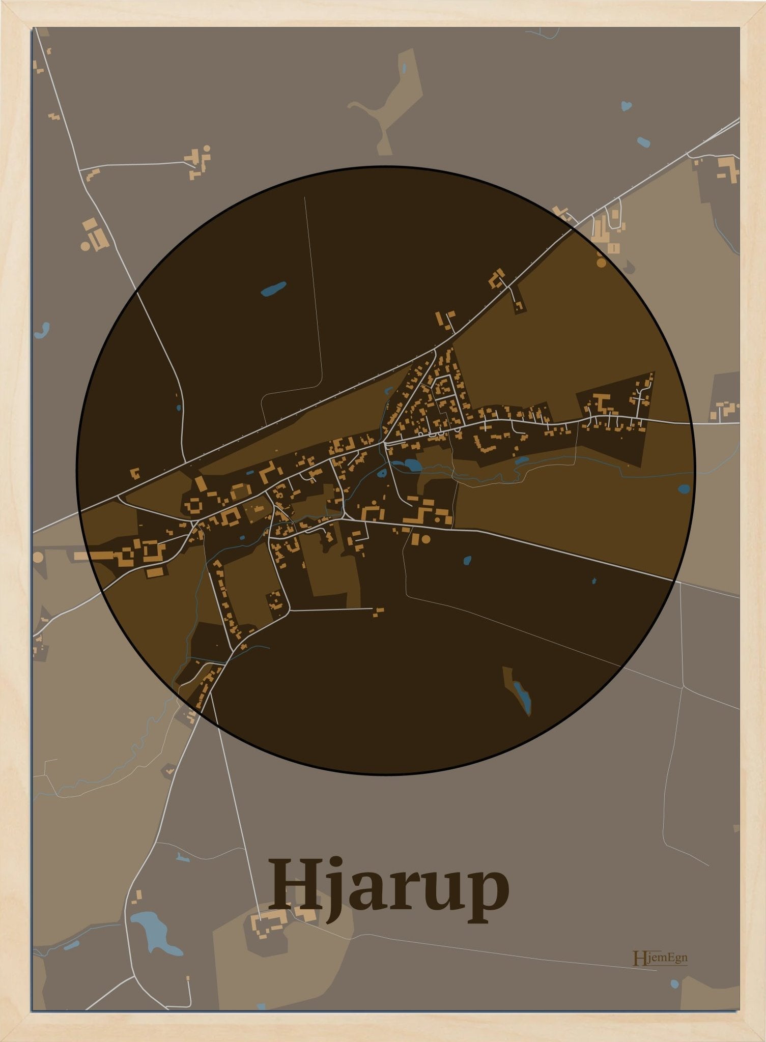 Hjarup plakat i farve mørk brun og HjemEgn.dk design centrum. Design bykort for Hjarup