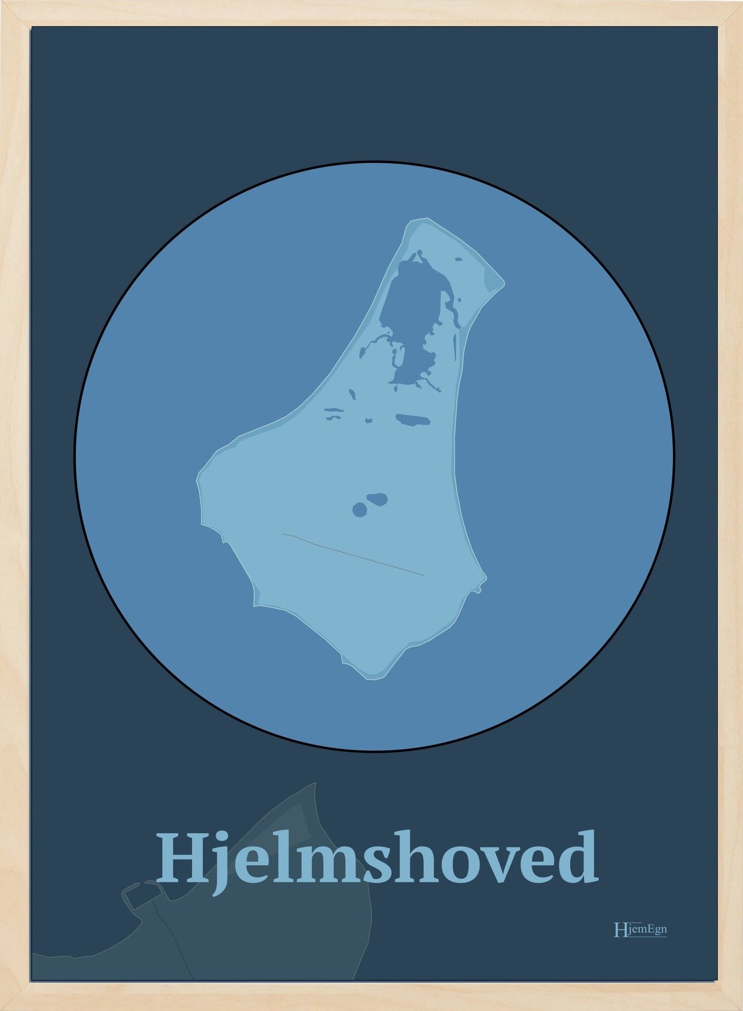 Hjelmshoved plakat i farve pastel blå og HjemEgn.dk design centrum. Design ø-kort for Hjelmshoved