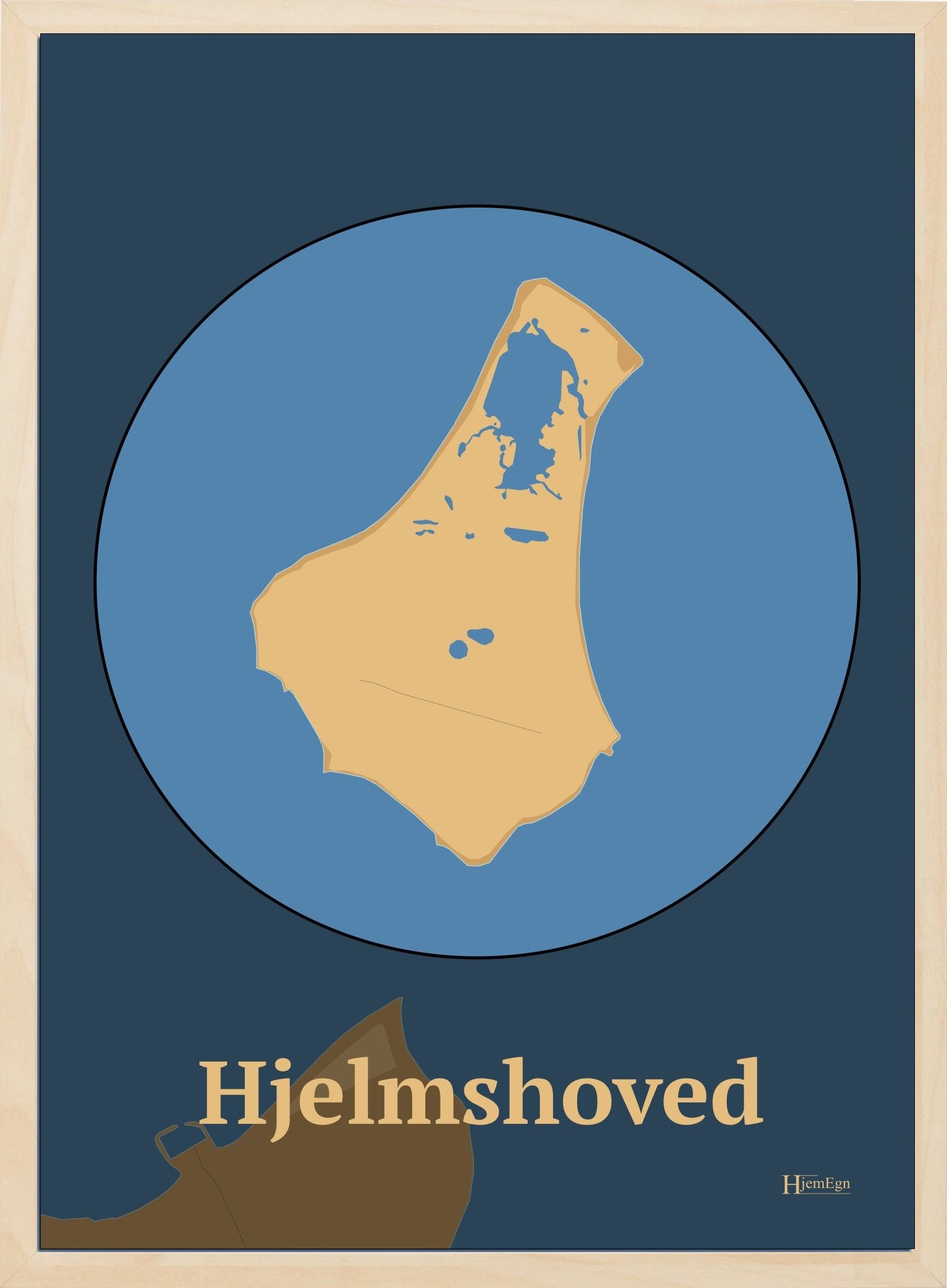 Hjelmshoved plakat i farve pastel brun og HjemEgn.dk design centrum. Design ø-kort for Hjelmshoved