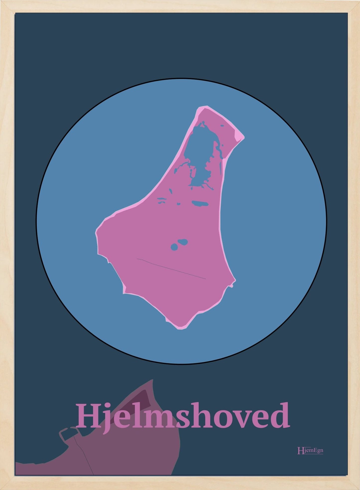 Hjelmshoved plakat i farve pastel rød og HjemEgn.dk design centrum. Design ø-kort for Hjelmshoved