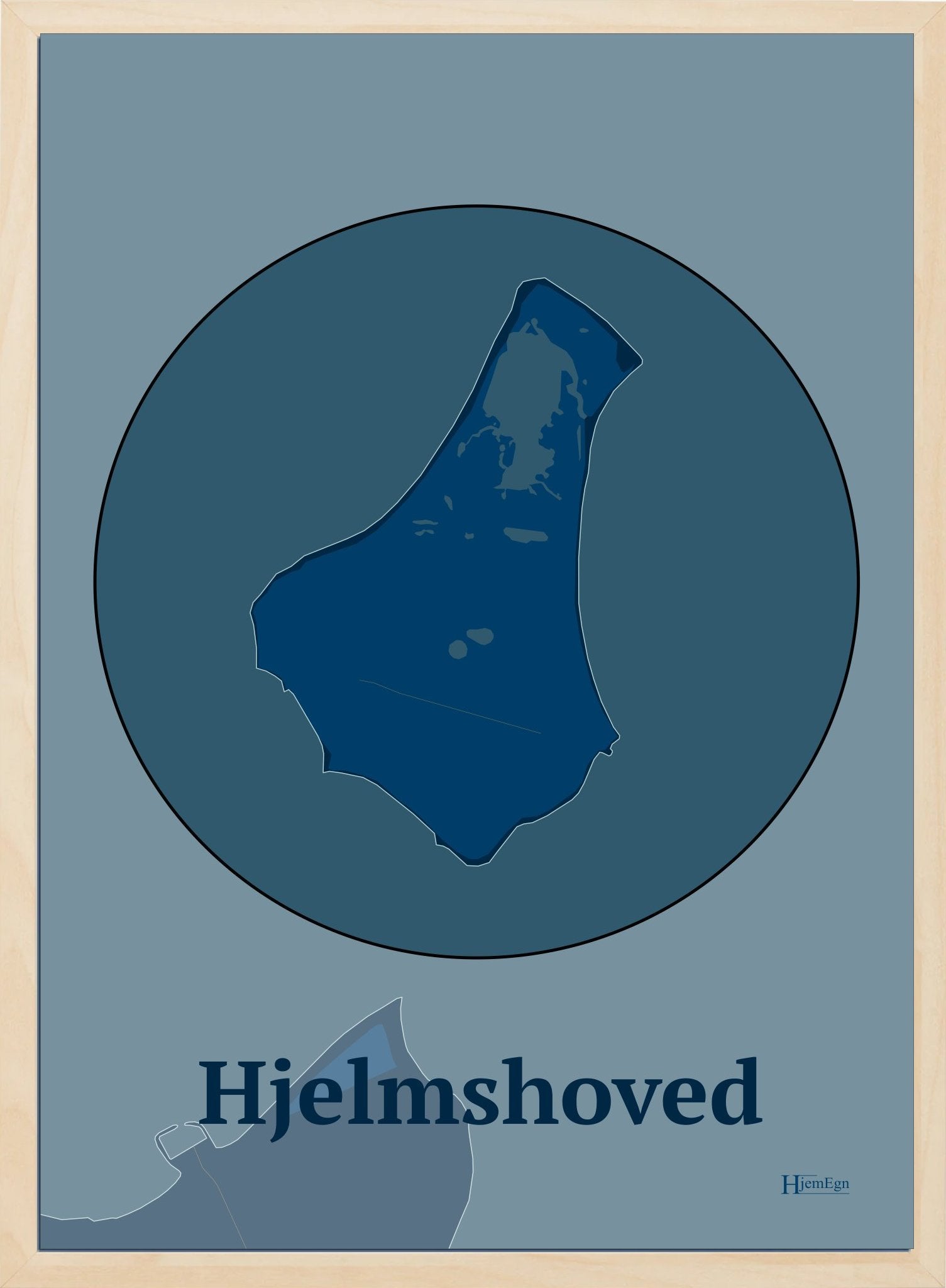 Hjelmshoved plakat i farve mørk blå og HjemEgn.dk design centrum. Design ø-kort for Hjelmshoved