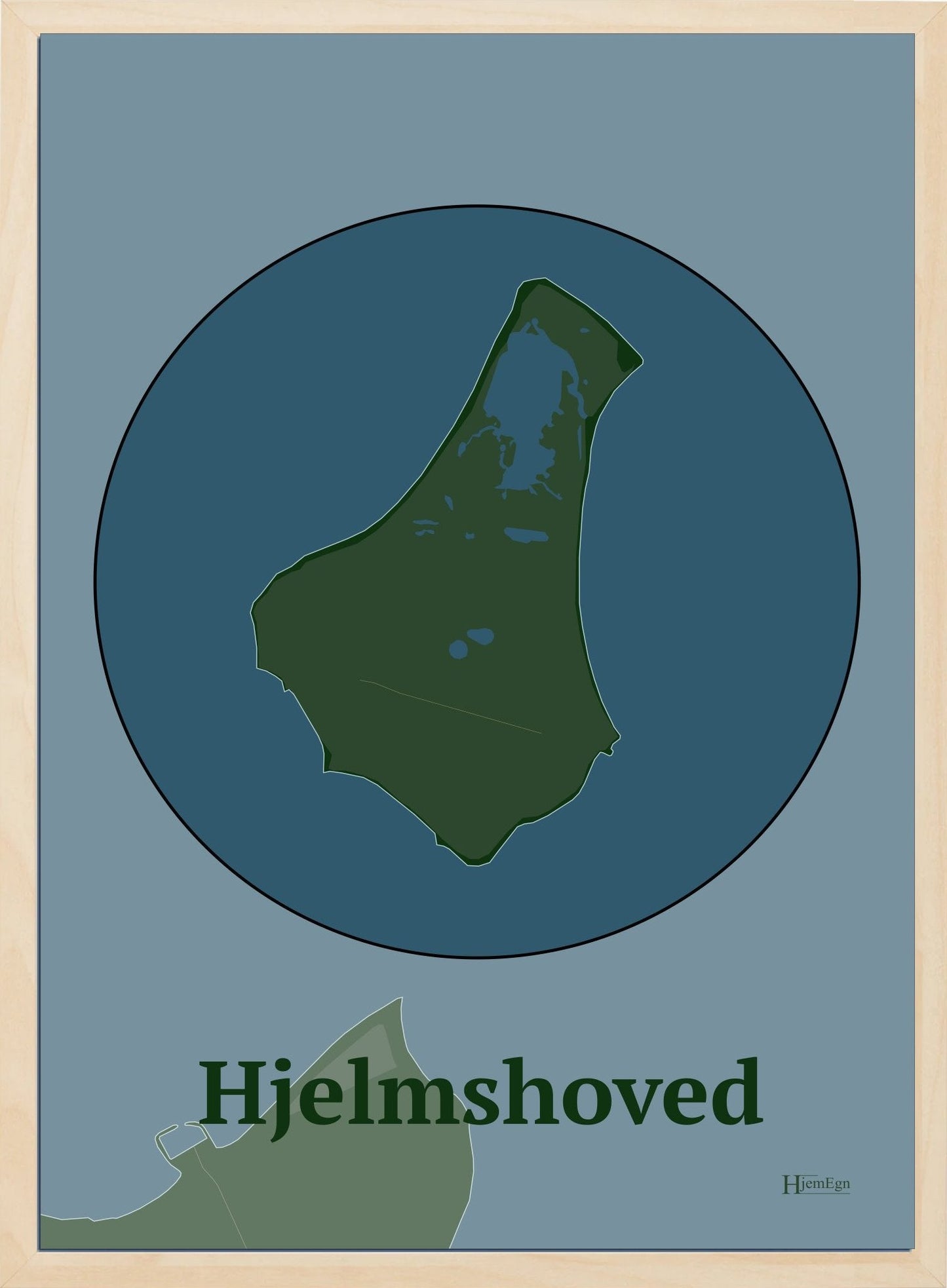 Hjelmshoved plakat i farve mørk grøn og HjemEgn.dk design centrum. Design ø-kort for Hjelmshoved