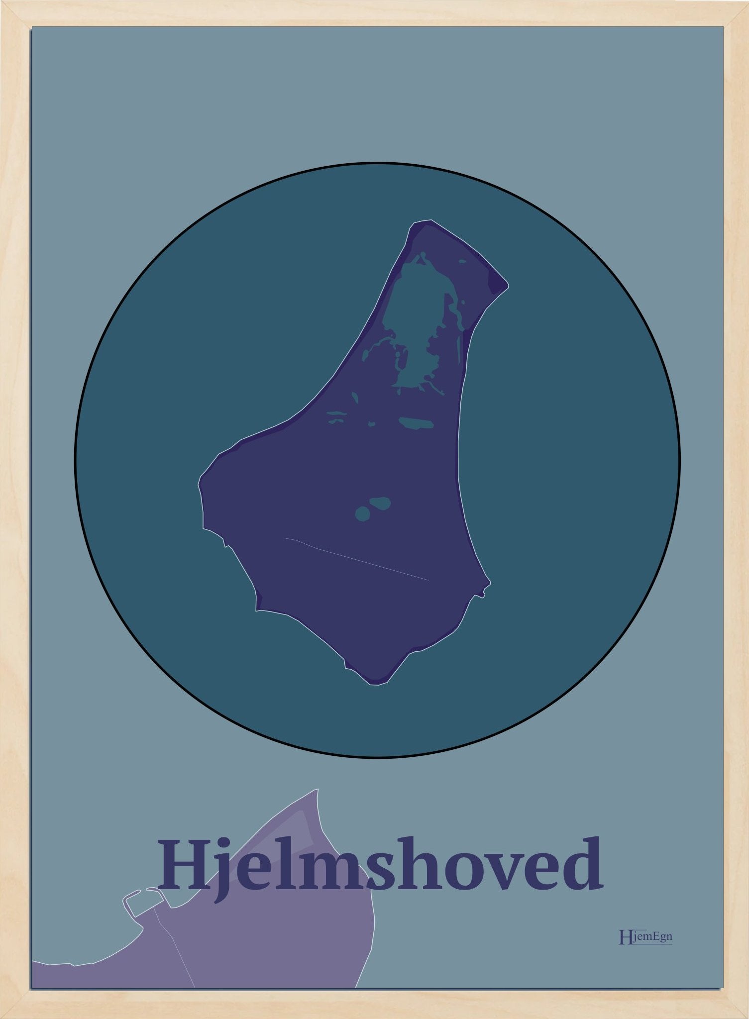 Hjelmshoved plakat i farve mørk lilla og HjemEgn.dk design centrum. Design ø-kort for Hjelmshoved