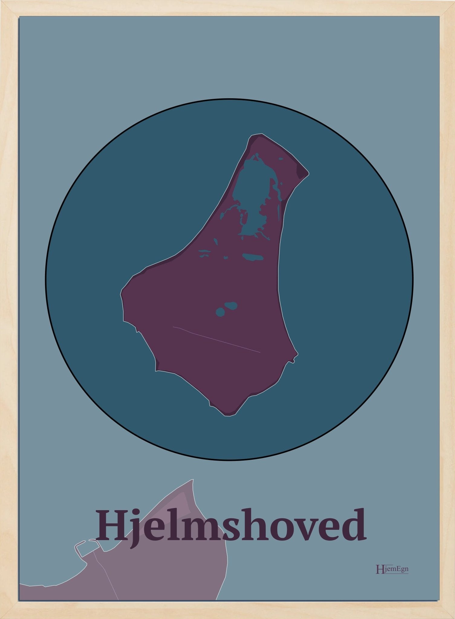 Hjelmshoved plakat i farve mørk rød og HjemEgn.dk design centrum. Design ø-kort for Hjelmshoved