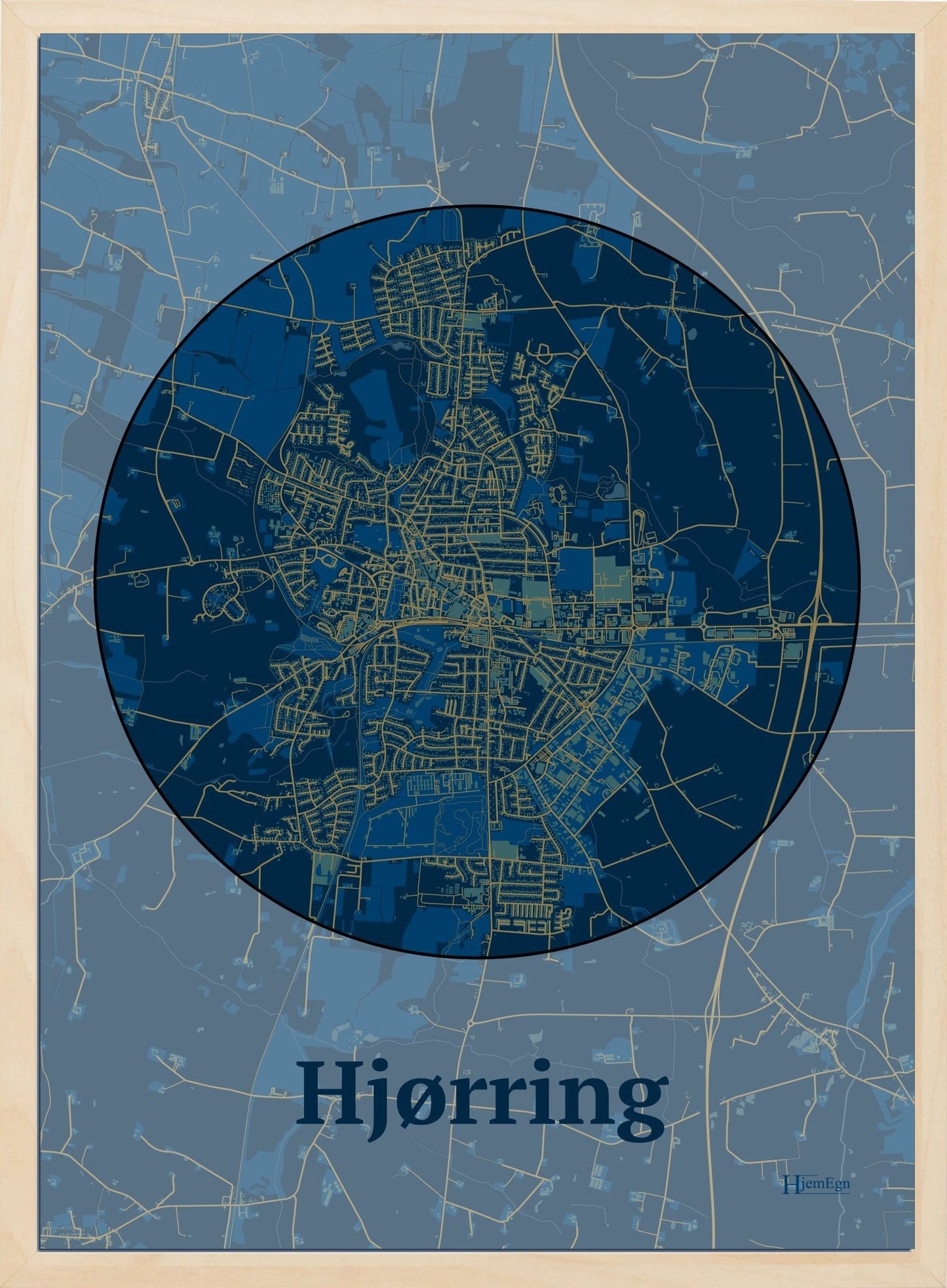 Hjørring plakat i farve mørk blå og HjemEgn.dk design centrum. Design bykort for Hjørring