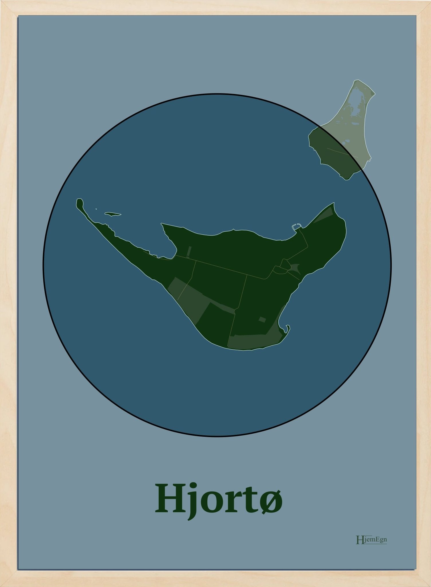 Hjortø plakat i farve mørk grøn og HjemEgn.dk design centrum. Design ø-kort for Hjortø