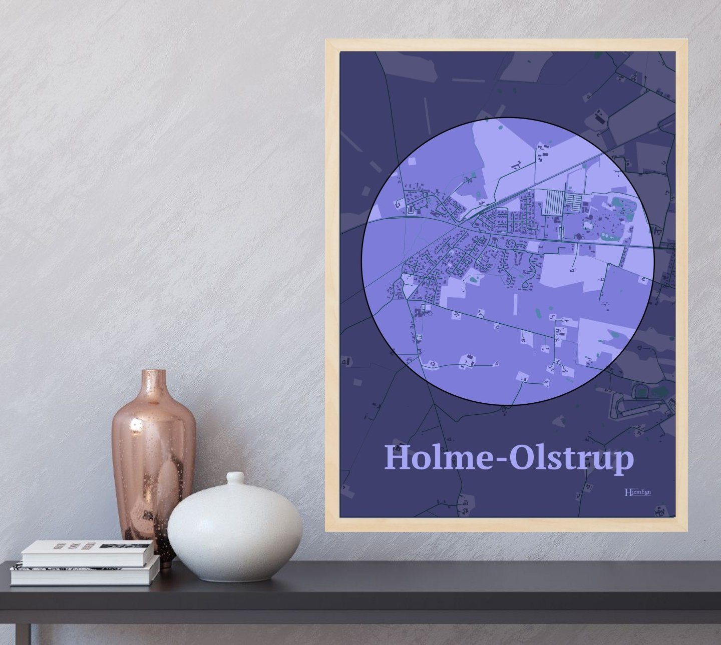 Holme-olstrup plakat i farve  og HjemEgn.dk design centrum. Design bykort for Holme-olstrup