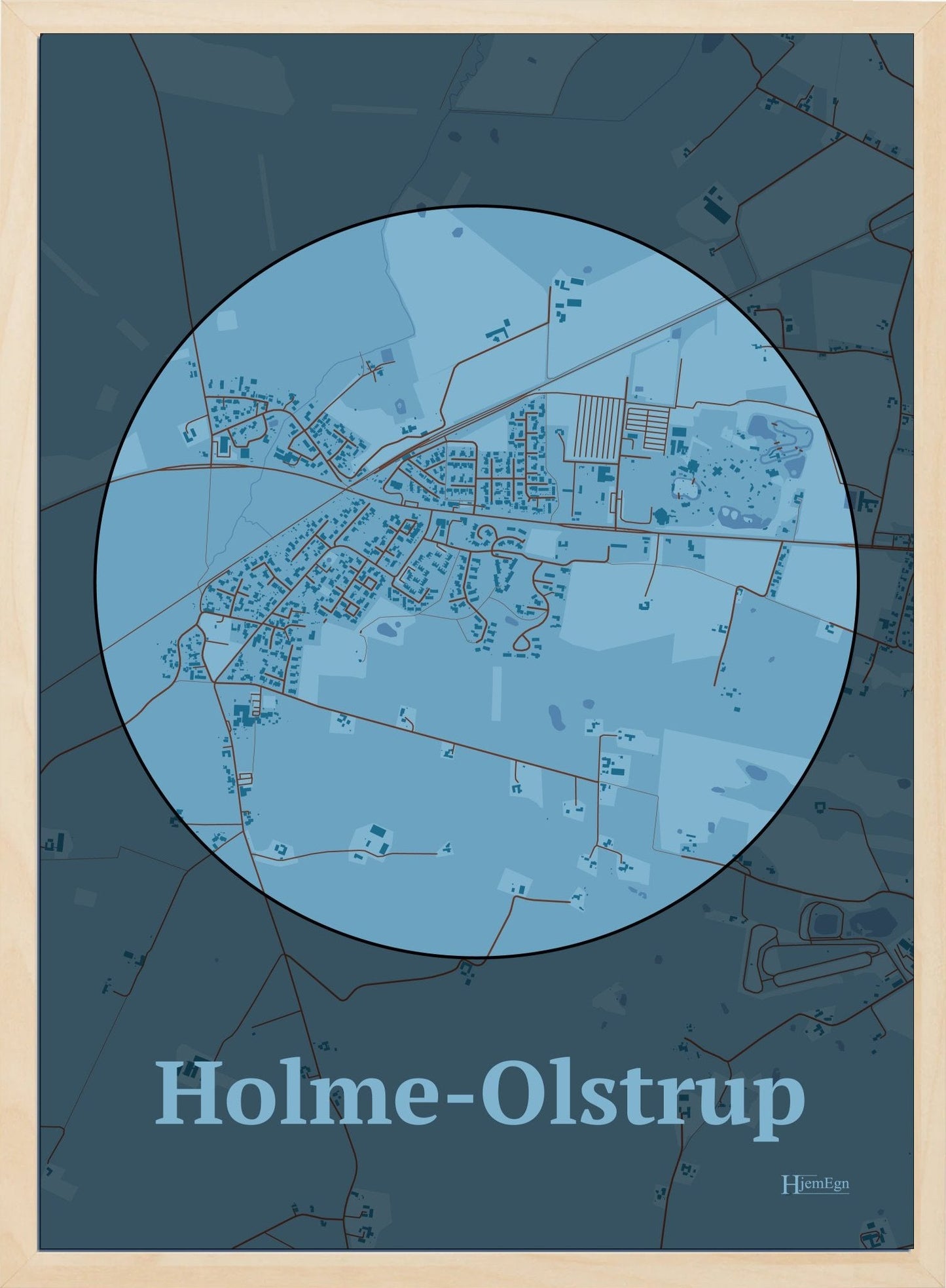 Holme-olstrup plakat i farve pastel blå og HjemEgn.dk design centrum. Design bykort for Holme-olstrup
