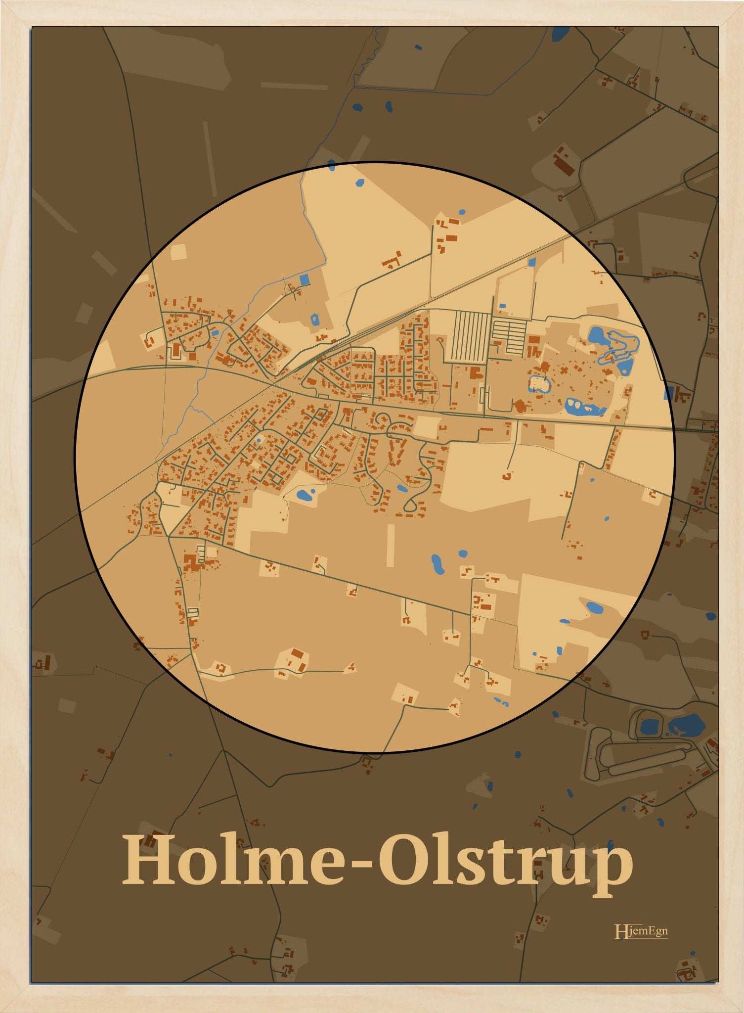 Holme-olstrup plakat i farve pastel brun og HjemEgn.dk design centrum. Design bykort for Holme-olstrup