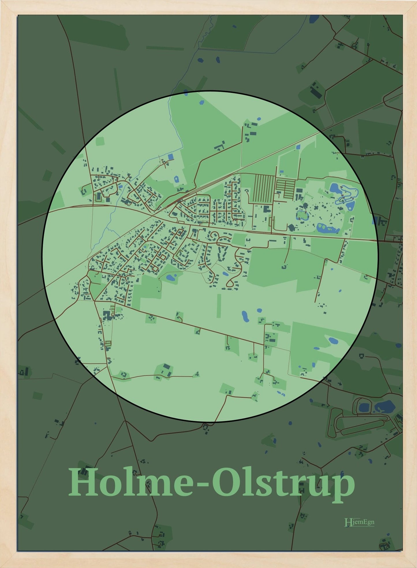 Holme-olstrup plakat i farve pastel grøn og HjemEgn.dk design centrum. Design bykort for Holme-olstrup