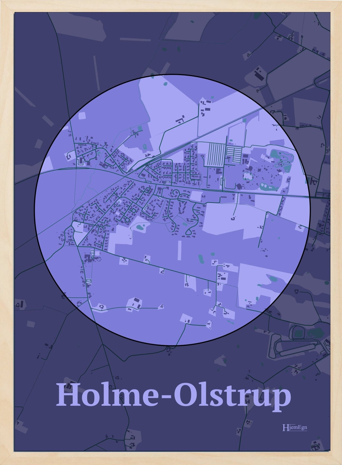 Holme-olstrup plakat i farve pastel lilla og HjemEgn.dk design centrum. Design bykort for Holme-olstrup