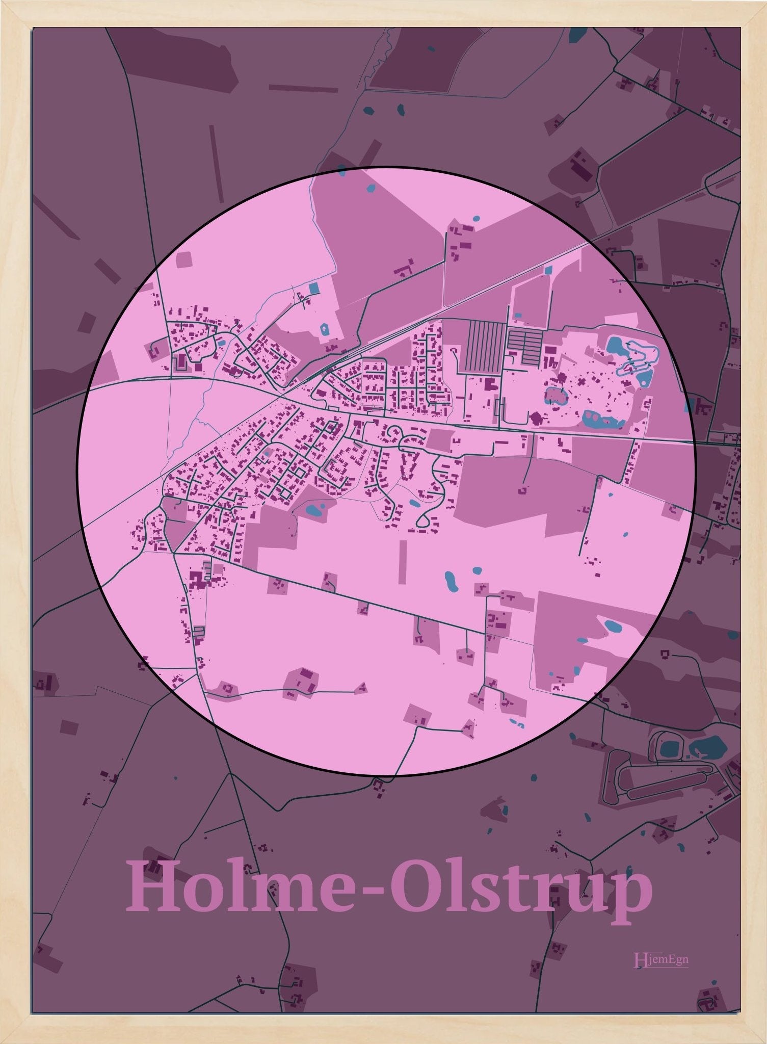 Holme-olstrup plakat i farve pastel rød og HjemEgn.dk design centrum. Design bykort for Holme-olstrup
