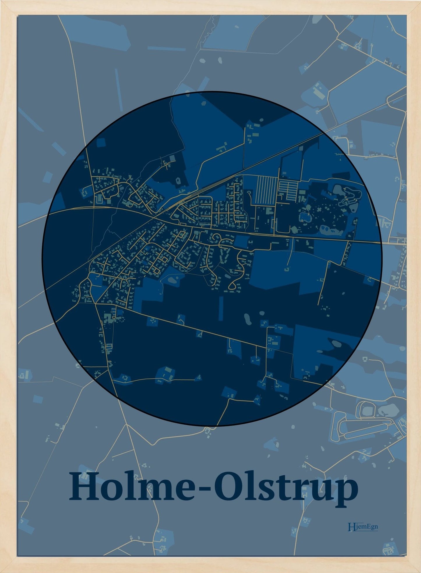 Holme-olstrup plakat i farve mørk blå og HjemEgn.dk design centrum. Design bykort for Holme-olstrup