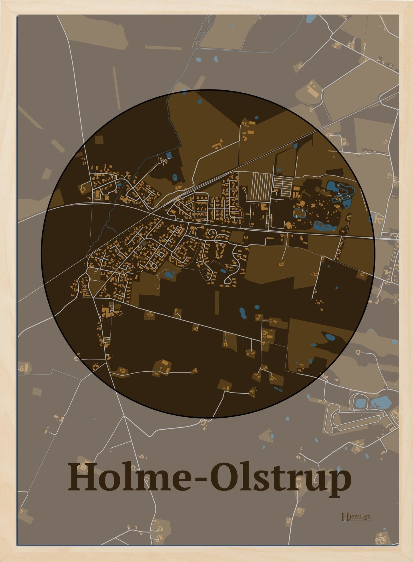 Holme-olstrup plakat i farve mørk brun og HjemEgn.dk design centrum. Design bykort for Holme-olstrup
