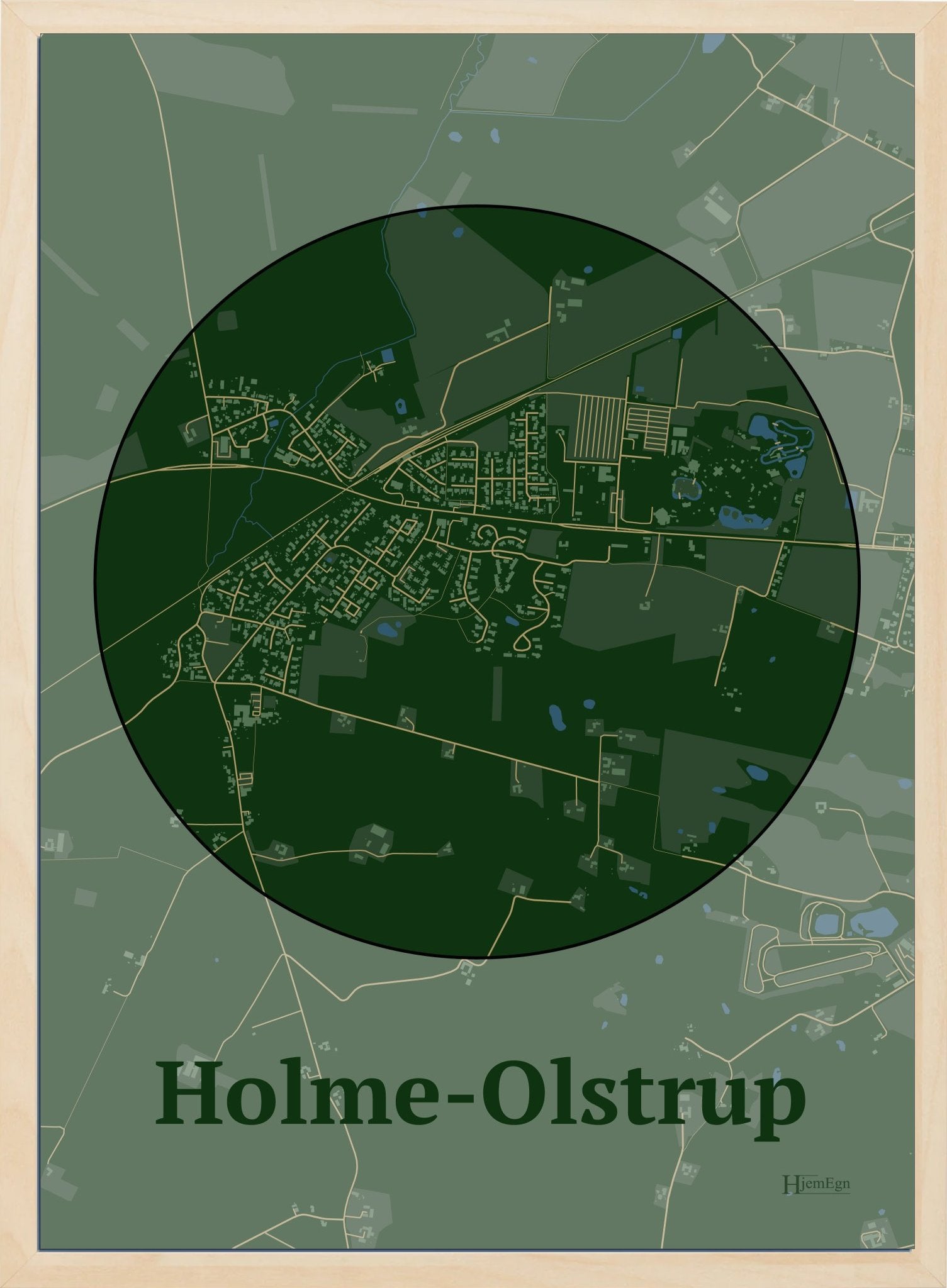 Holme-olstrup plakat i farve mørk grøn og HjemEgn.dk design centrum. Design bykort for Holme-olstrup