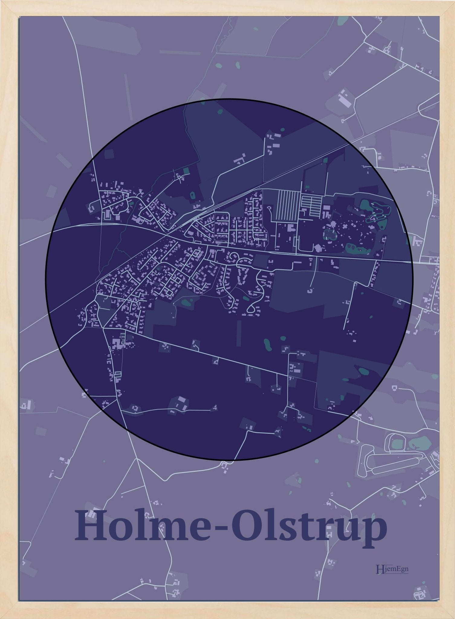 Holme-olstrup plakat i farve mørk lilla og HjemEgn.dk design centrum. Design bykort for Holme-olstrup